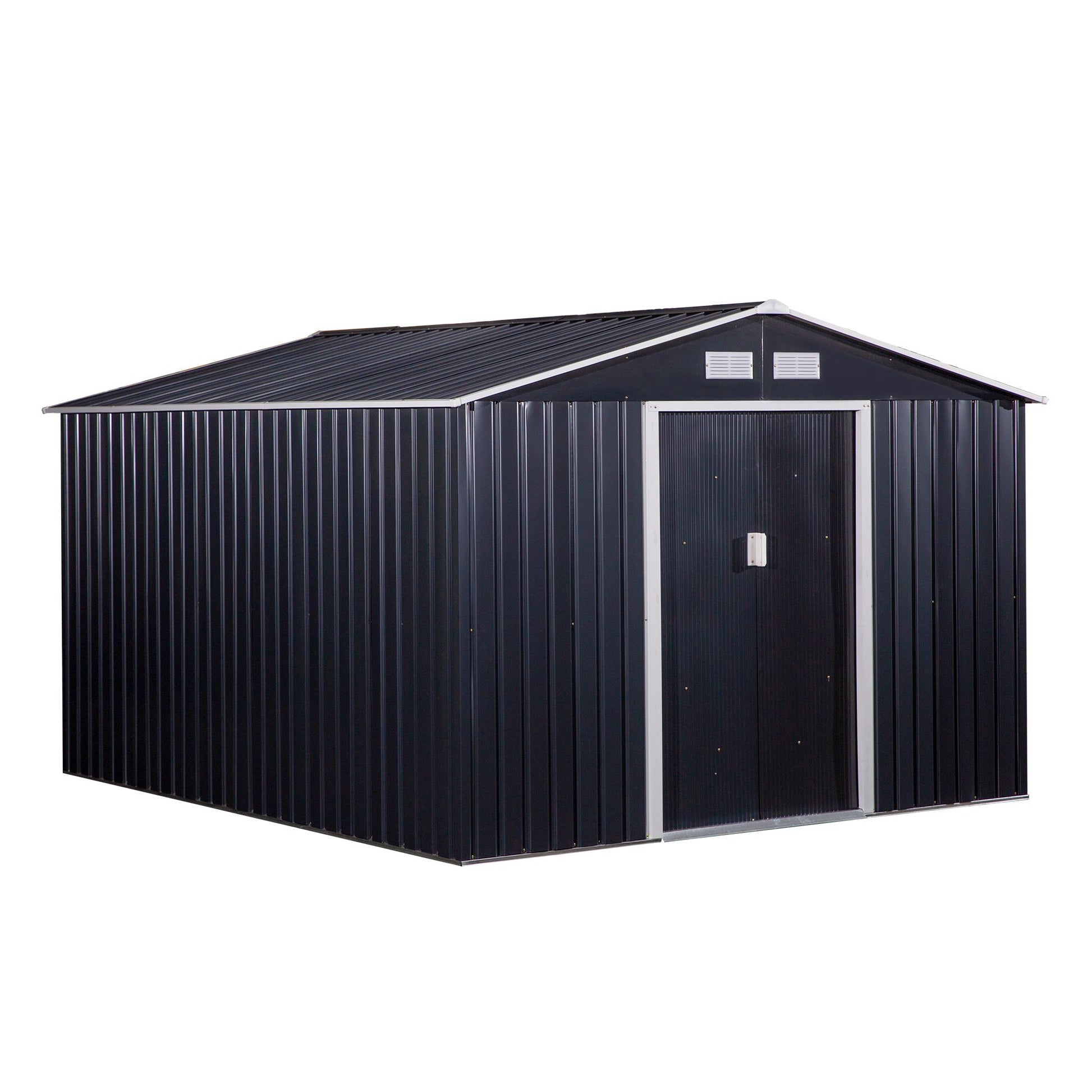 Outsunny Caseta de Jardín Exterior 8,3 m² 277x322x192 cm Cobertizo de Jardín Exterior con Puerta Corredera Techo Inclinado Base Refuerzo (Suelo NO Incluido) y 4 Ventanas Gris