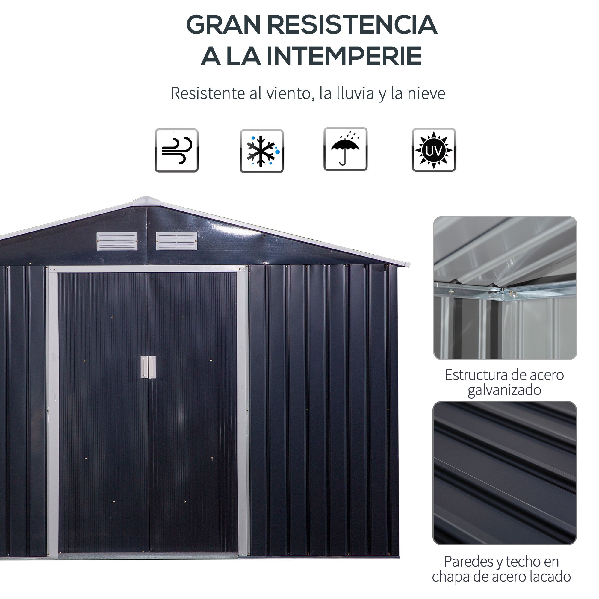 Outsunny Caseta de Jardín Exterior 8,3 m² 277x322x192 cm Cobertizo de Jardín Exterior con Puerta Corredera Techo Inclinado Base Refuerzo (Suelo NO Incluido) y 4 Ventanas Gris