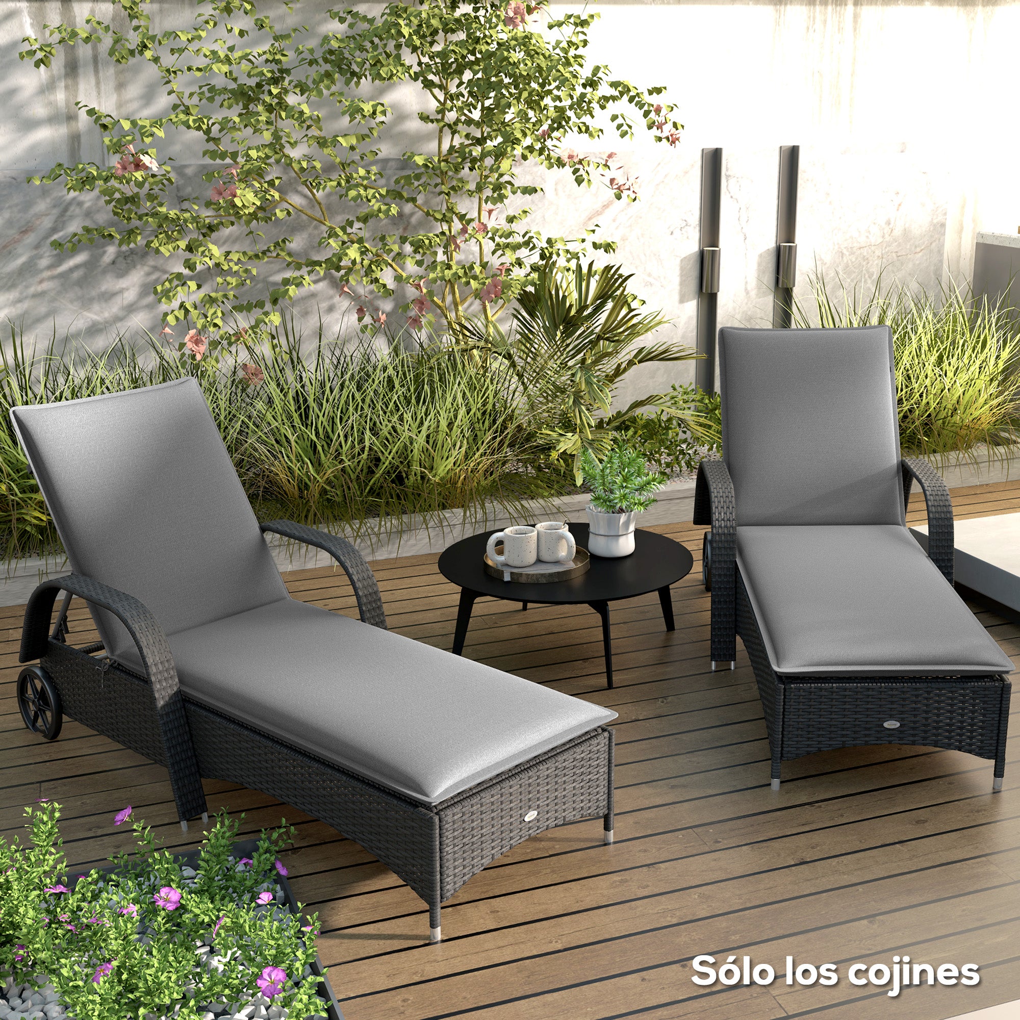 Outsunny Pack 2 Cojines para Tumbonas Plegables Colchonetas para Tumbonas de Jardín Exterior 193x58x6 cm con Correas de Sujeción Protección UV Resistente a Salpicaduras Gris
