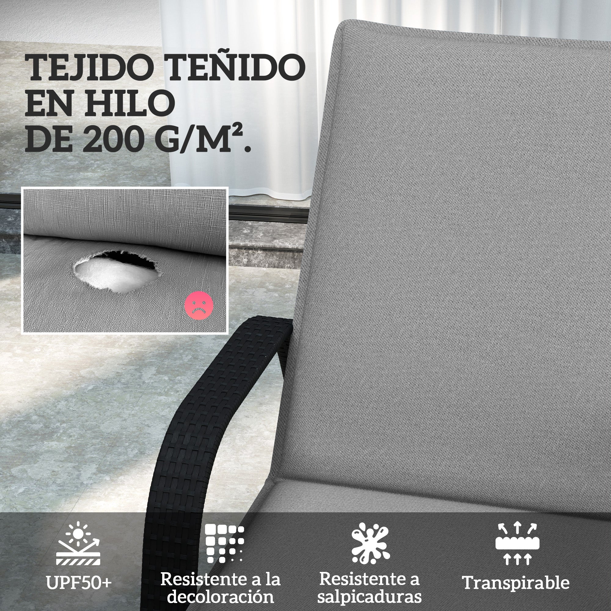 Outsunny Pack 2 Cojines para Tumbonas Plegables Colchonetas para Tumbonas de Jardín Exterior 193x58x6 cm con Correas de Sujeción Protección UV Resistente a Salpicaduras Gris