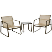 Outsunny Conjunto de Muebles de Jardín 3 Piezas Muebles de Jardín Exterior Incluye 1 Mesa de Vidrio Templado y 2 Sillas con Reposabrazos y Respaldo Transpirable para Terraza Balcón Caqui