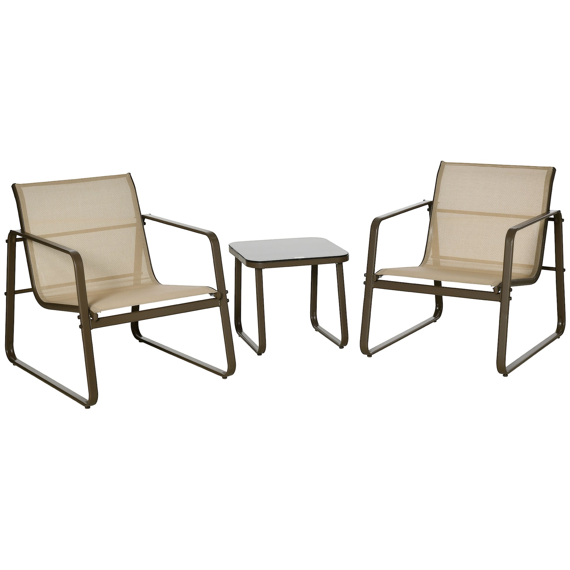 Outsunny Conjunto de Muebles de Jardín 3 Piezas Muebles de Jardín Exterior Incluye 1 Mesa de Vidrio Templado y 2 Sillas con Reposabrazos y Respaldo Transpirable para Terraza Balcón Caqui