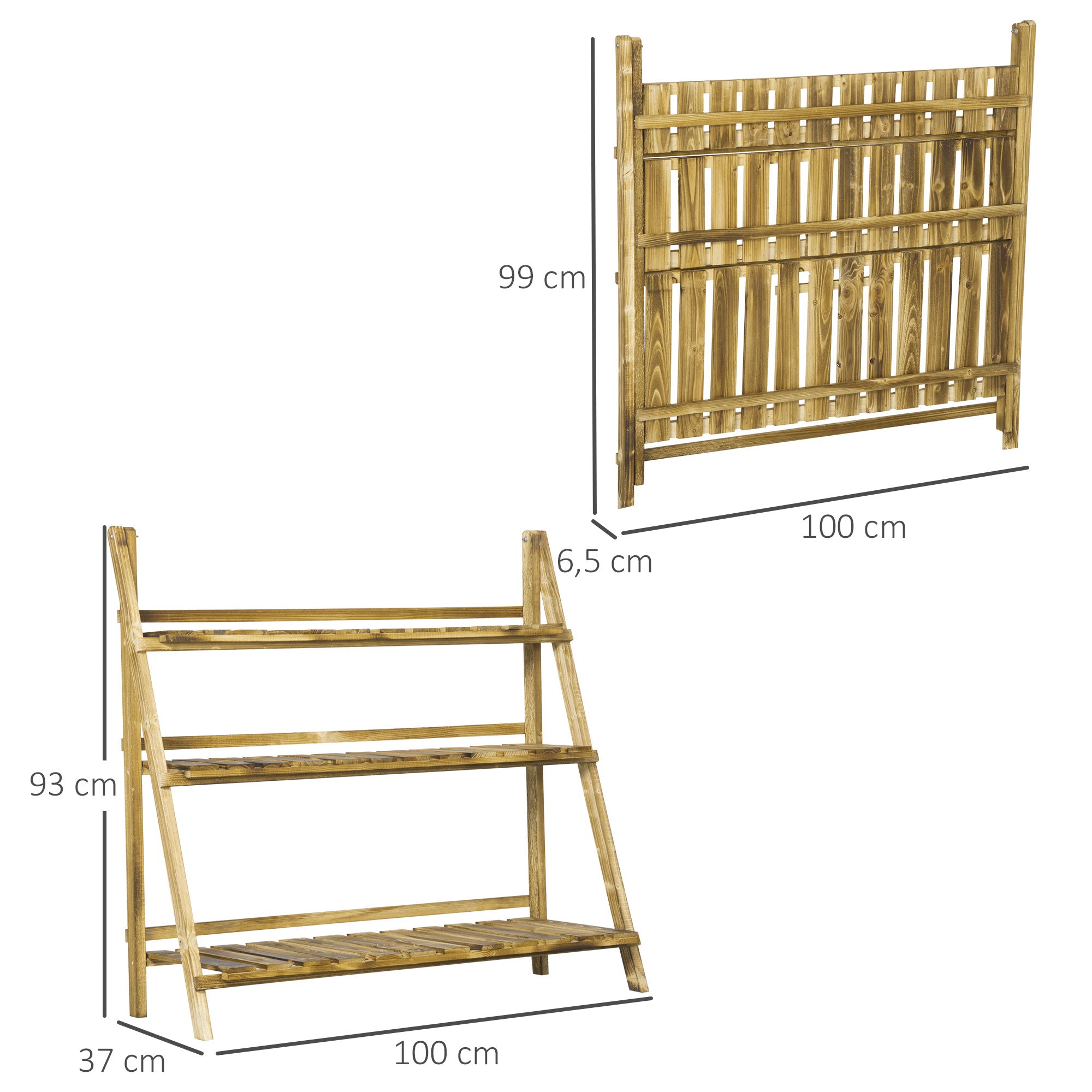 Outsunny Soporte para Plantas de Madera de 3 Niveles, Estantería para Plantas Plegable con Base de Listones, Soporte para Macetas para Interior y Exterior, Terraza, Jardín, 100x37x93 cm, Carbonizado