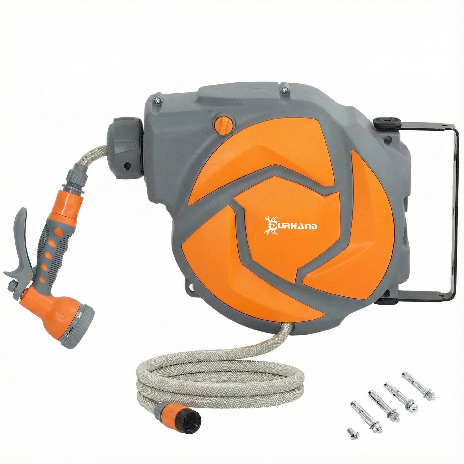 DURHAND Enrollador de Manguera para Jardín 10+1 m con Boquilla de 7 Funciones, Carrete de Manguera de Jardín de Pared, Giratorio 180°, con Retorno Enrollado Automático, Gris Oscuro y Naranja