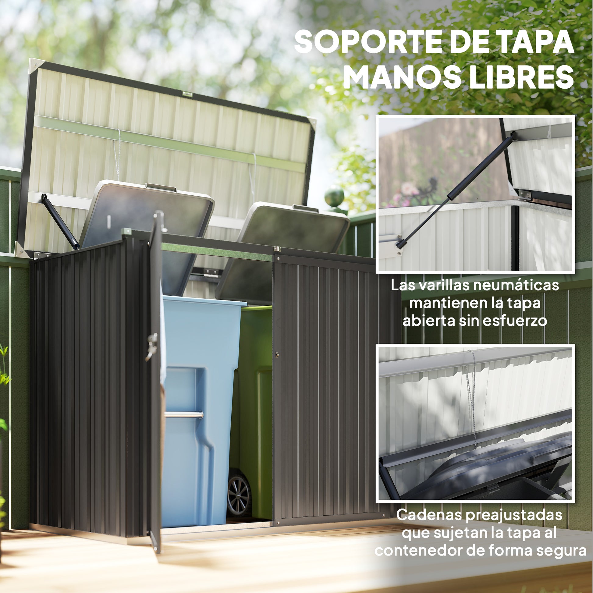 Outsunny Cobertizo para Contenedor de Basura Doble, Caseta para Cubo de Basura de 240L de Acero Galvanizado con Tapa Abatible y Puertas con Cerradura, para Jardín, Exterior, 150x80x117 cm, Gris Oscuro