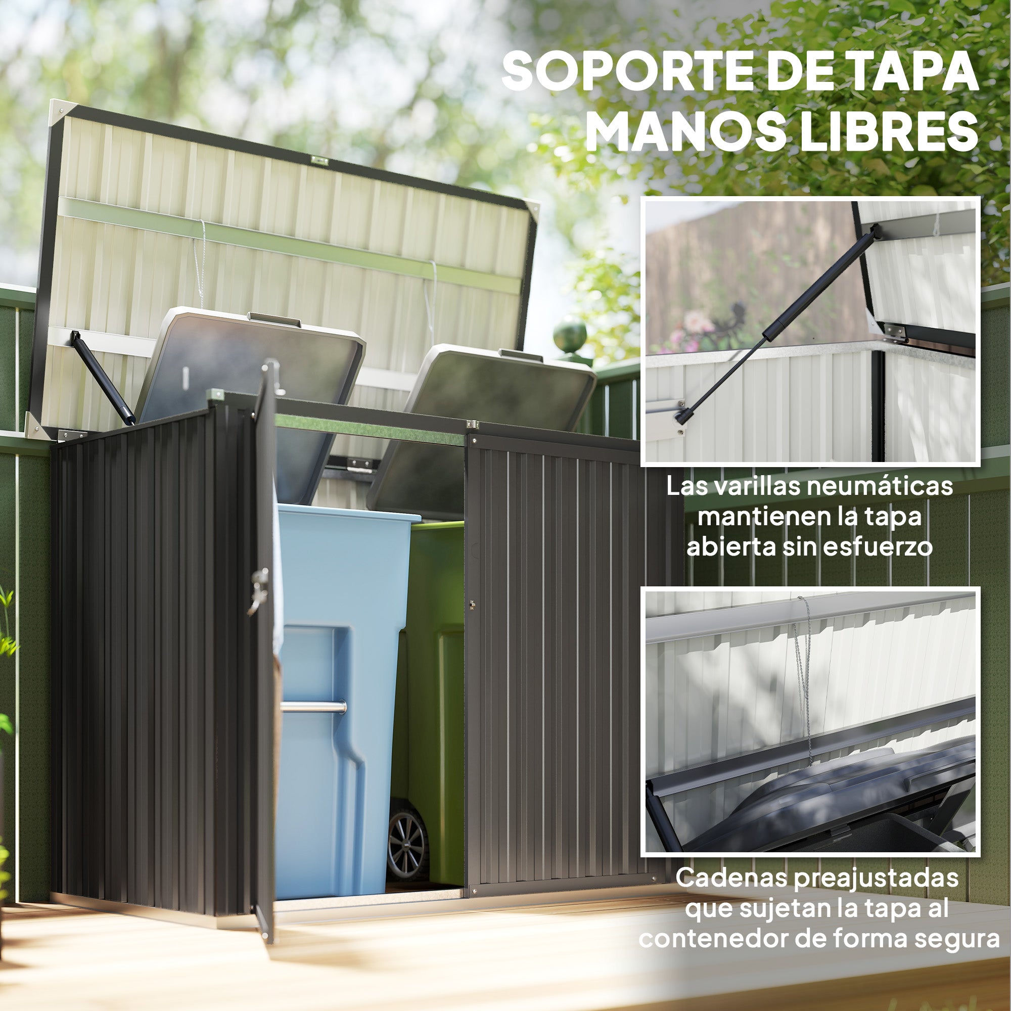 Outsunny Cobertizo para Contenedor de Basura Doble, Caseta para Cubo de Basura de 240L de Acero Galvanizado con Tapa Abatible y Puertas con Cerradura, para Jardín, Exterior, 150x80x117 cm, Gris Oscuro