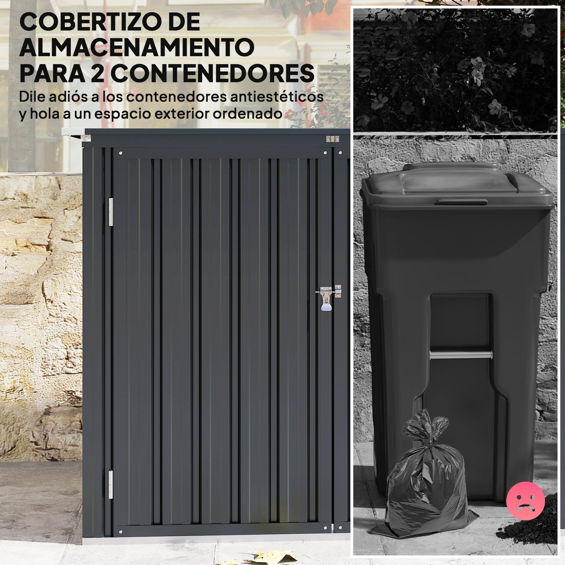 Outsunny Cobertizo para Contenedor de Basura Doble, Caseta para Cubo de Basura de 240L de Acero Galvanizado con Tapa Abatible y Puertas con Cerradura, para Jardín, Exterior, 150x80x117 cm, Gris Oscuro