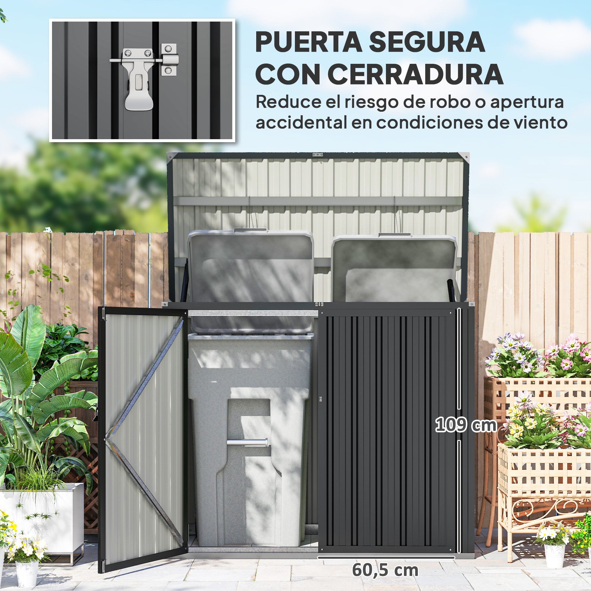Outsunny Cobertizo para Contenedor de Basura Doble, Caseta para Cubo de Basura de 240L de Acero Galvanizado con Tapa Abatible y Puertas con Cerradura, para Jardín, Exterior, 150x80x117 cm, Gris Oscuro