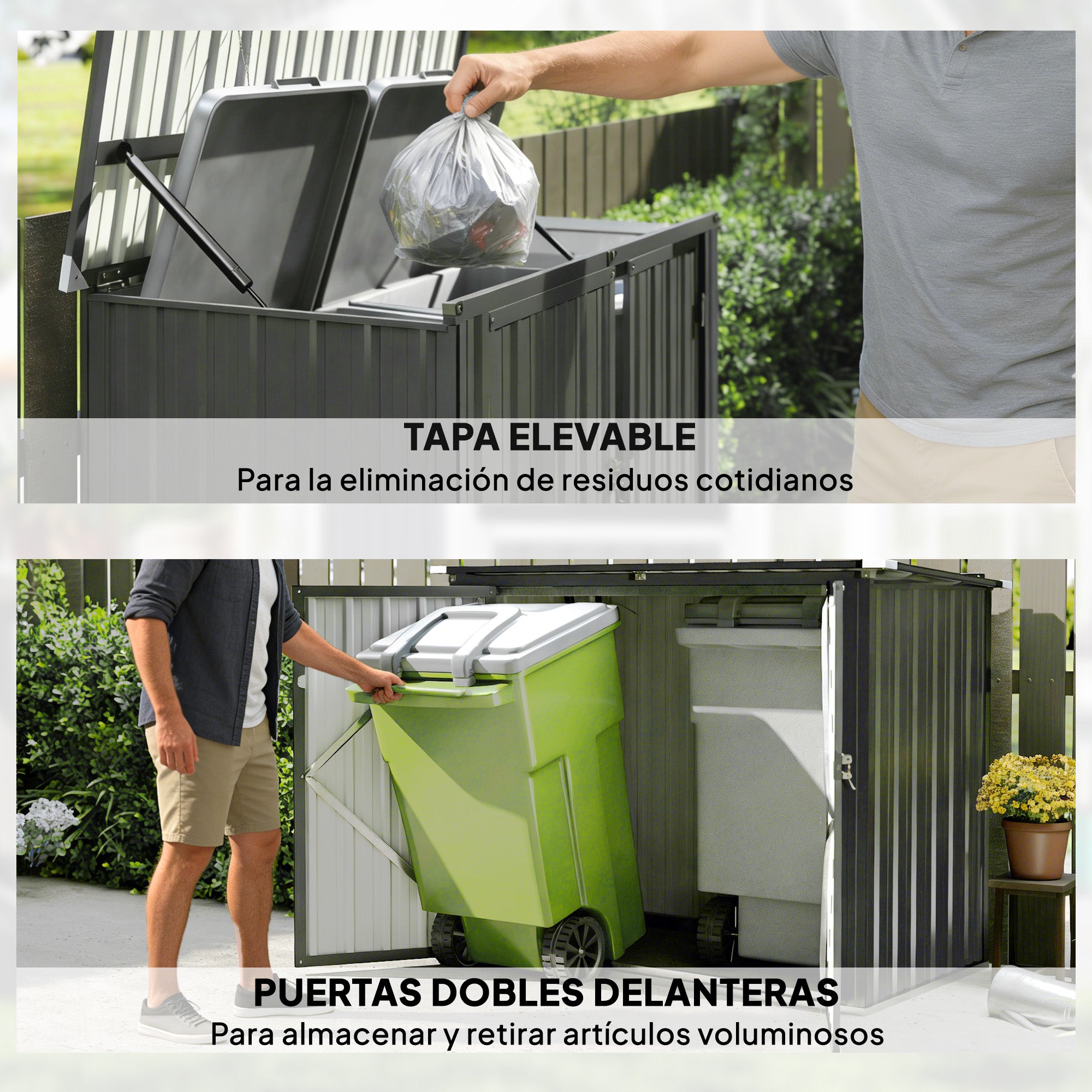 Outsunny Cobertizo para Contenedor de Basura Doble, Caseta para Cubo de Basura de 240L de Acero Galvanizado con Tapa Abatible y Puertas con Cerradura, para Jardín, Exterior, 150x80x117 cm, Gris Oscuro