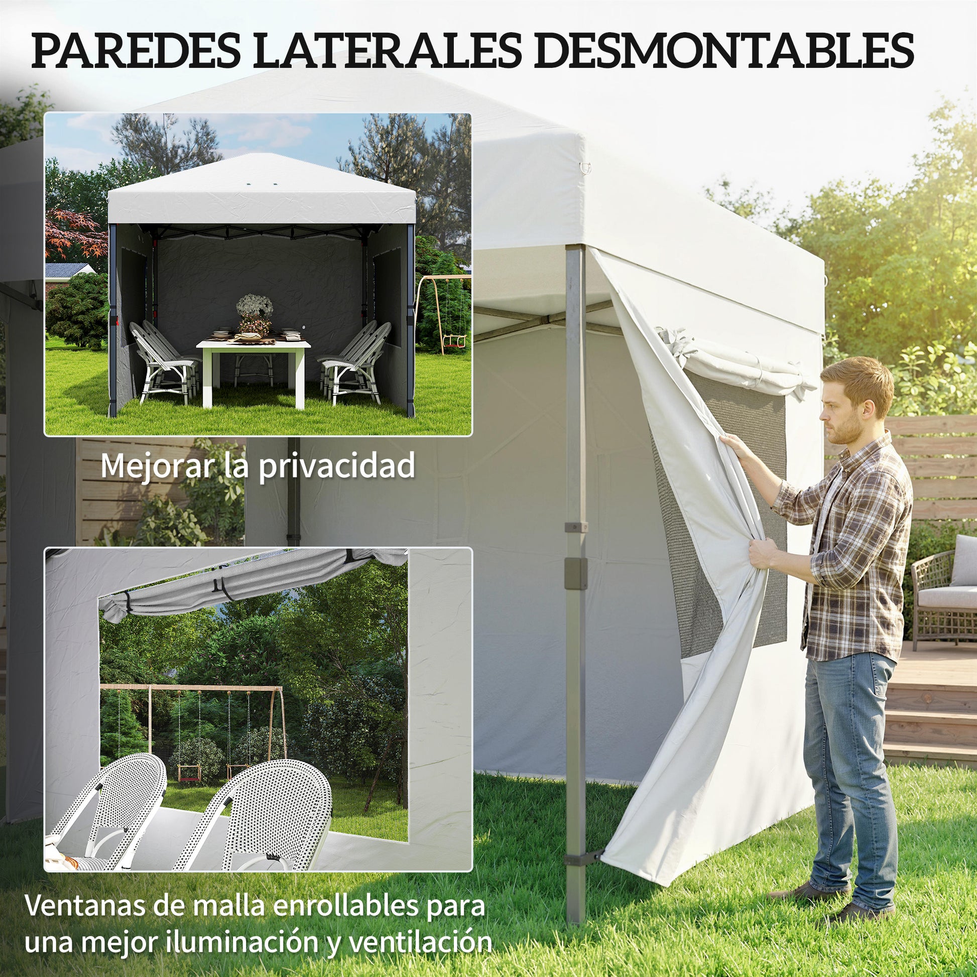 Outsunny Carpa Plegable 3x3 m, Pop-up, Cenador Pabellón de Jardín con 3 Paredes Laterales, 2 Ventanas Malla, UPF50+, Altura Ajustable 3 Niveles, Bolsa Transporte, Sacos Arena, Gazebo Exterior, Blanco