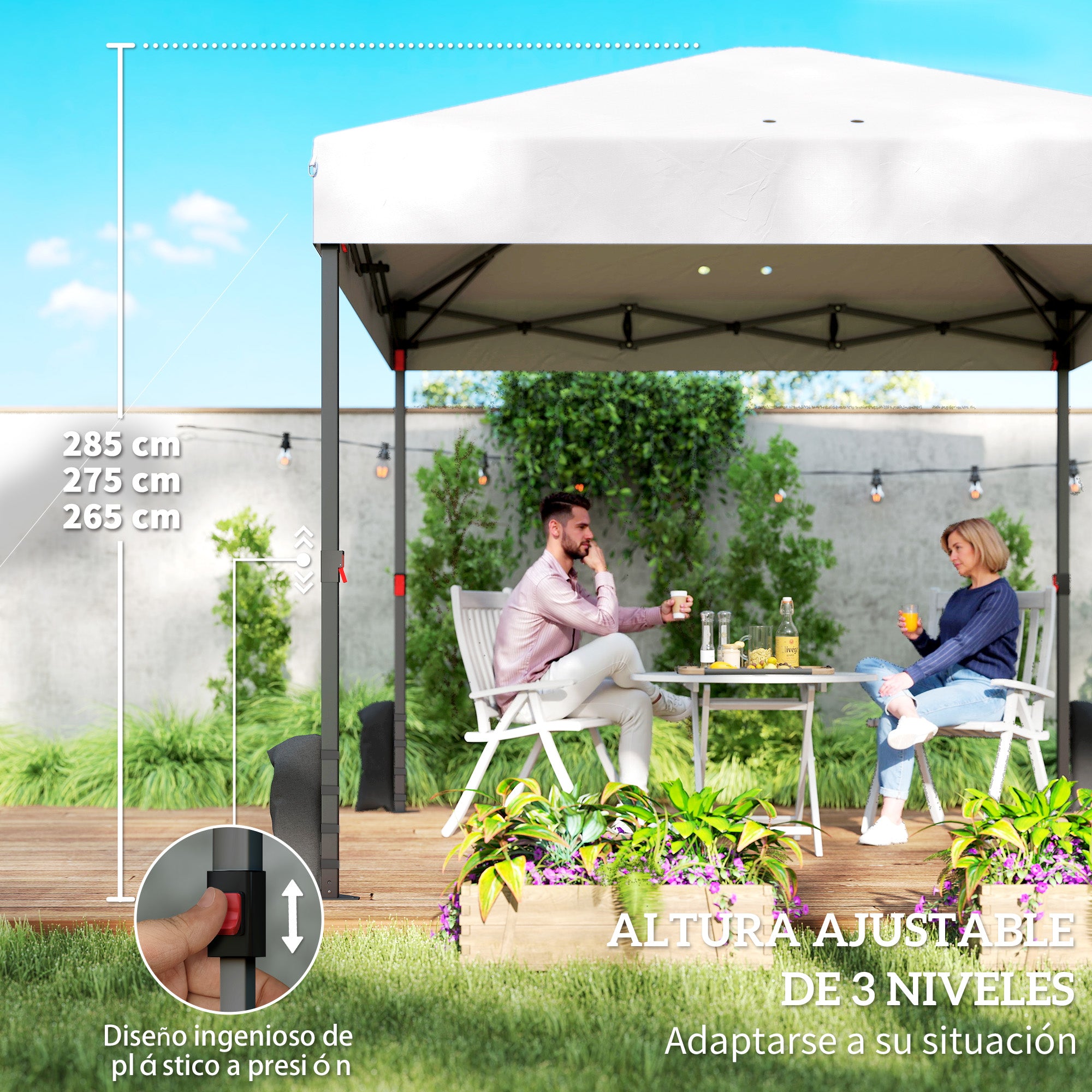 Outsunny Carpa Plegable 3x3 m, Pop-up, Cenador Pabellón de Jardín con 3 Paredes Laterales, 2 Ventanas Malla, UPF50+, Altura Ajustable 3 Niveles, Bolsa Transporte, Sacos Arena, Gazebo Exterior, Blanco