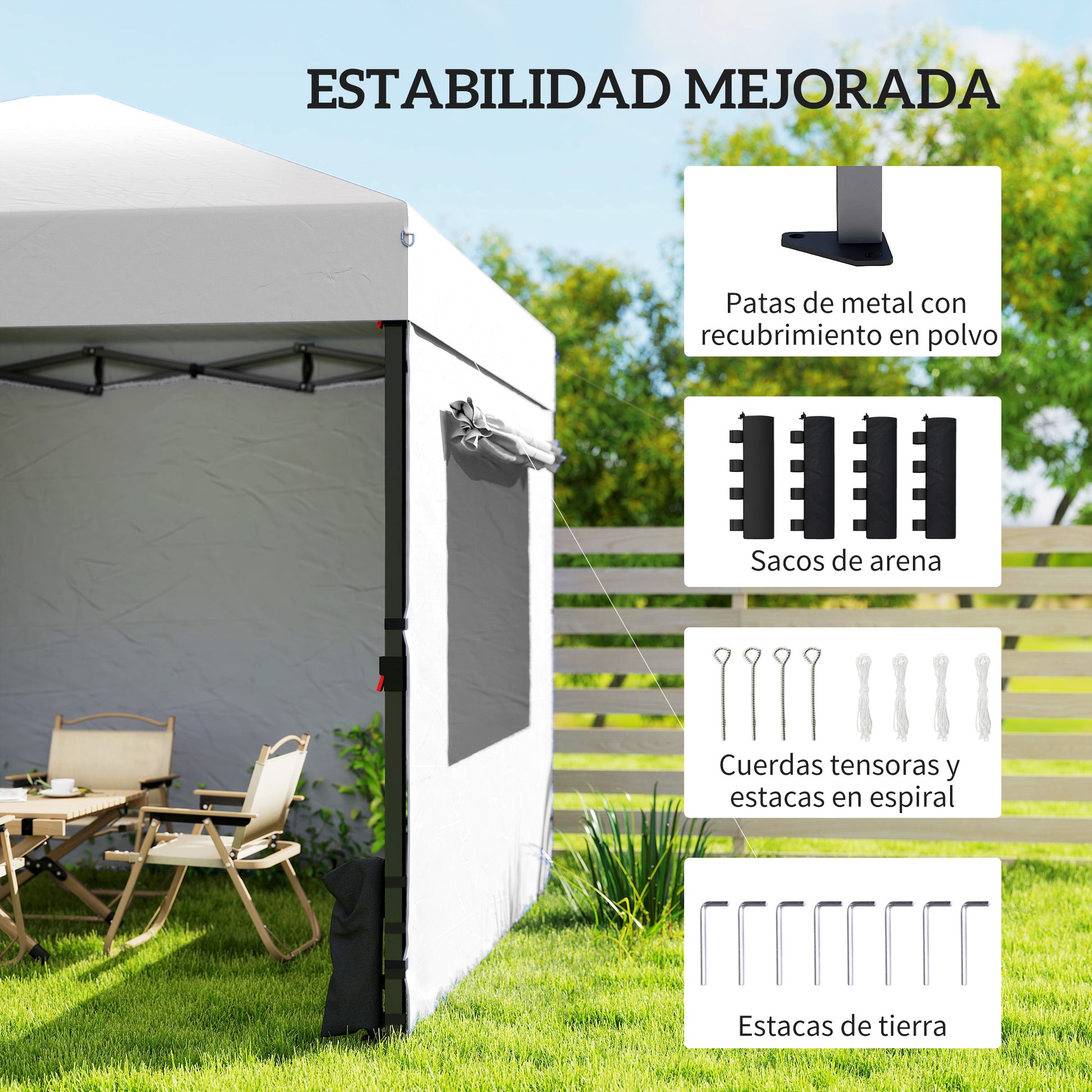 Outsunny Carpa Plegable 3x3 m, Pop-up, Cenador Pabellón de Jardín con 3 Paredes Laterales, 2 Ventanas Malla, UPF50+, Altura Ajustable 3 Niveles, Bolsa Transporte, Sacos Arena, Gazebo Exterior, Blanco