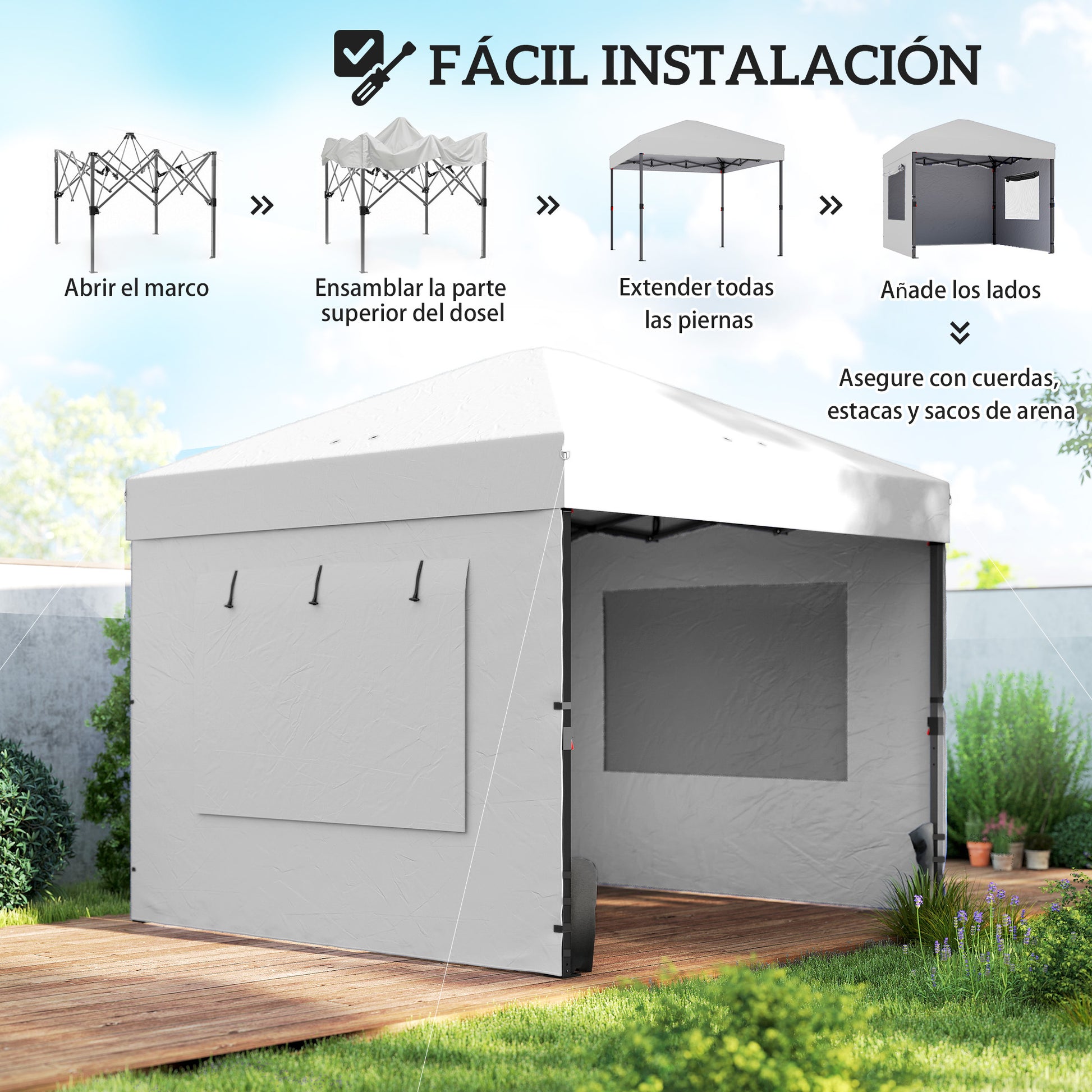 Outsunny Carpa Plegable 3x3 m, Pop-up, Cenador Pabellón de Jardín con 3 Paredes Laterales, 2 Ventanas Malla, UPF50+, Altura Ajustable 3 Niveles, Bolsa Transporte, Sacos Arena, Gazebo Exterior, Blanco
