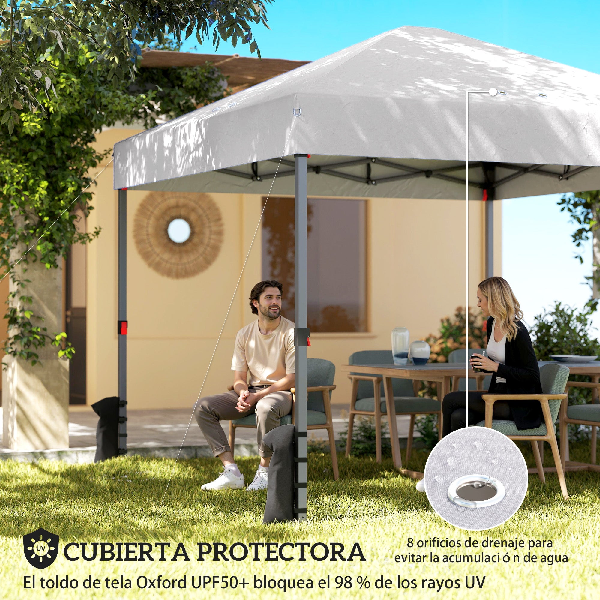 Outsunny Carpa Plegable 3x3 m, Pop-up, Cenador Pabellón de Jardín con 3 Paredes Laterales, 2 Ventanas Malla, UPF50+, Altura Ajustable 3 Niveles, Bolsa Transporte, Sacos Arena, Gazebo Exterior, Blanco