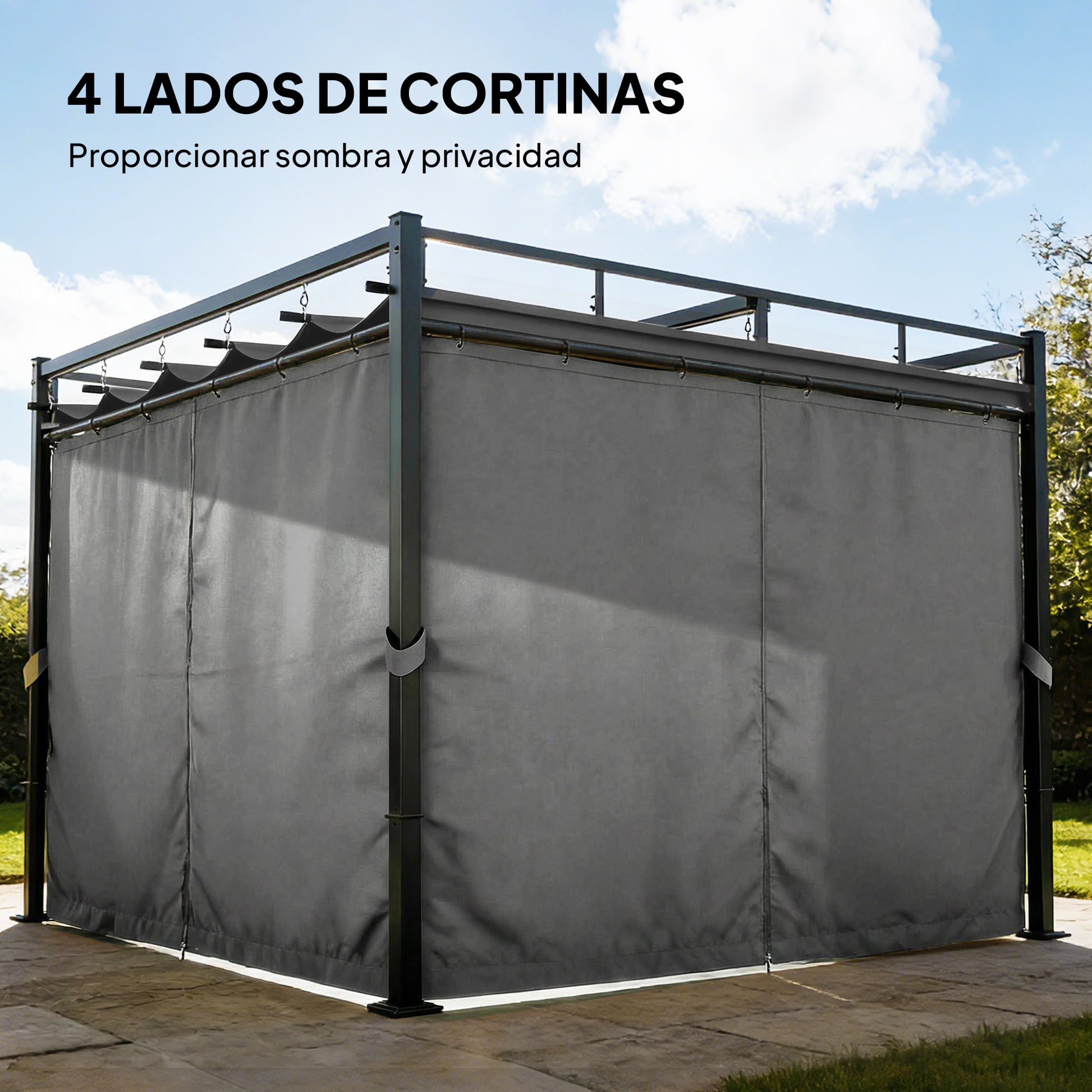 Outsunny Pérgola de Jardín 3x3 m con Techo Retráctil y 4 Cortinas, Cenador de Jardín con Protección UV30+, Impermeable, Estructura Metálica, Pabellón para Patio, Terraza, Exterior, Gris Oscuro
