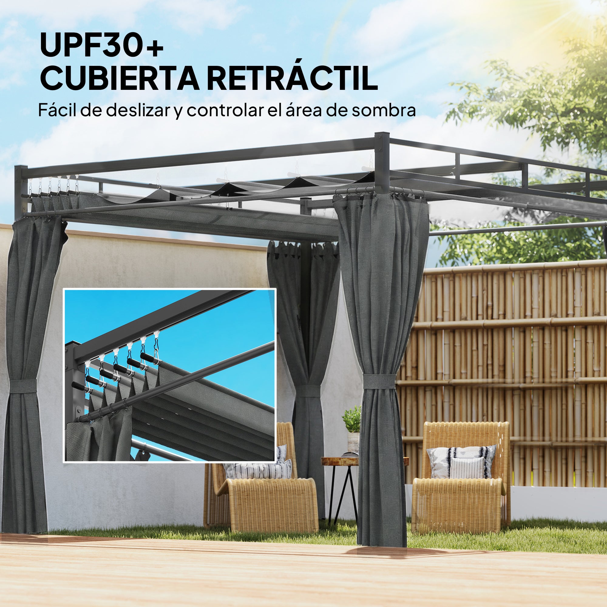 Outsunny Pérgola de Jardín 3x3 m con Techo Retráctil y 4 Cortinas, Cenador de Jardín con Protección UV30+, Impermeable, Estructura Metálica, Pabellón para Patio, Terraza, Exterior, Gris Oscuro