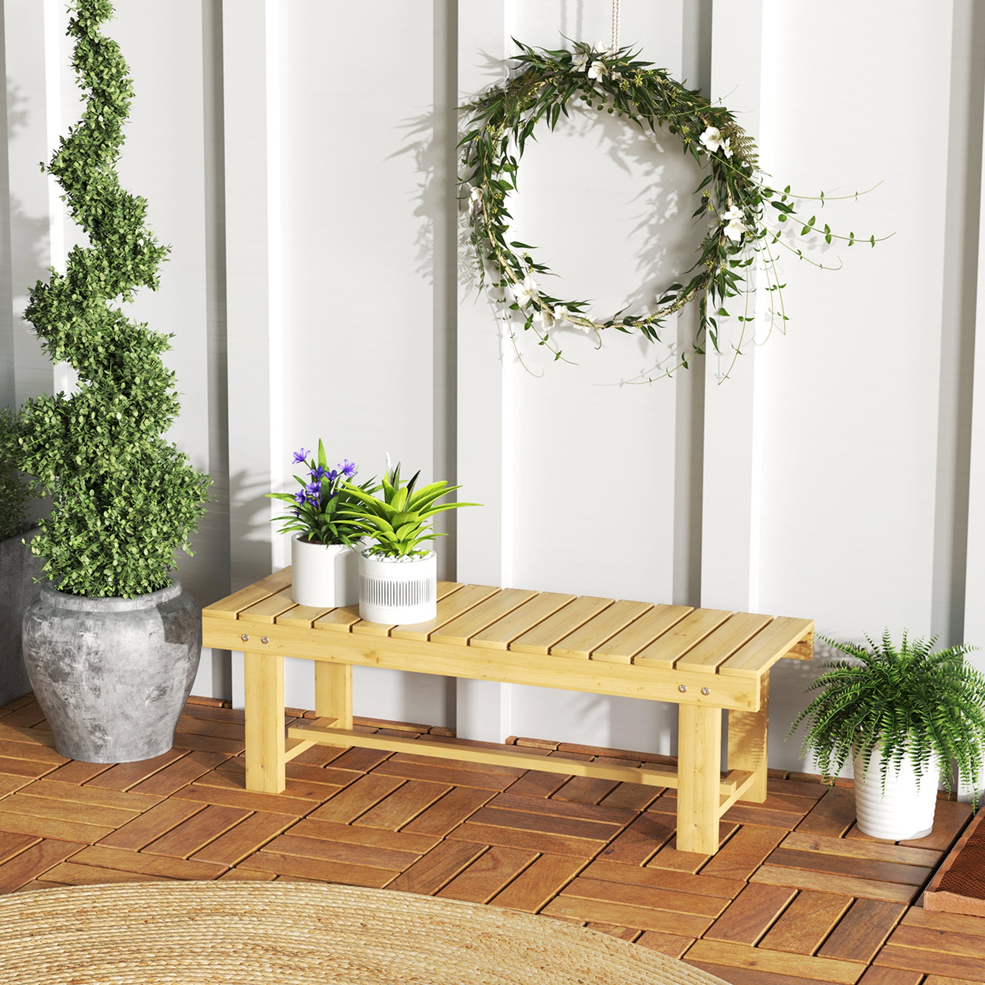 Outsunny Banco de Jardín de 2 Plazas Banco de Madera Carga 250 kg Banco para Patio Terraza 110x38x35 cm Natural