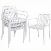 Outsunny Juego de 4 Sillas de Jardín Exterior Apilables, Sillas Terraza Exterior de PP con Respaldo Curvado, Asiento de Listones, Reposabrazos, 55x58,5x81,5 cm, Blanco