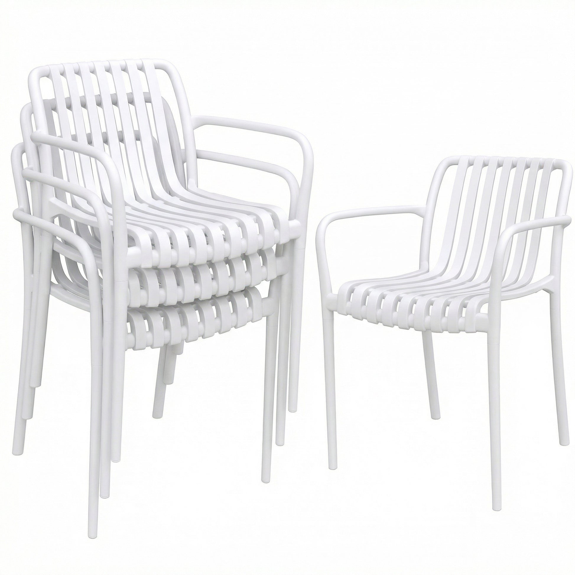Outsunny Juego de 4 Sillas de Jardín Exterior Apilables, Sillas Terraza Exterior de PP con Respaldo Curvado, Asiento de Listones, Reposabrazos, 55x58,5x81,5 cm, Blanco