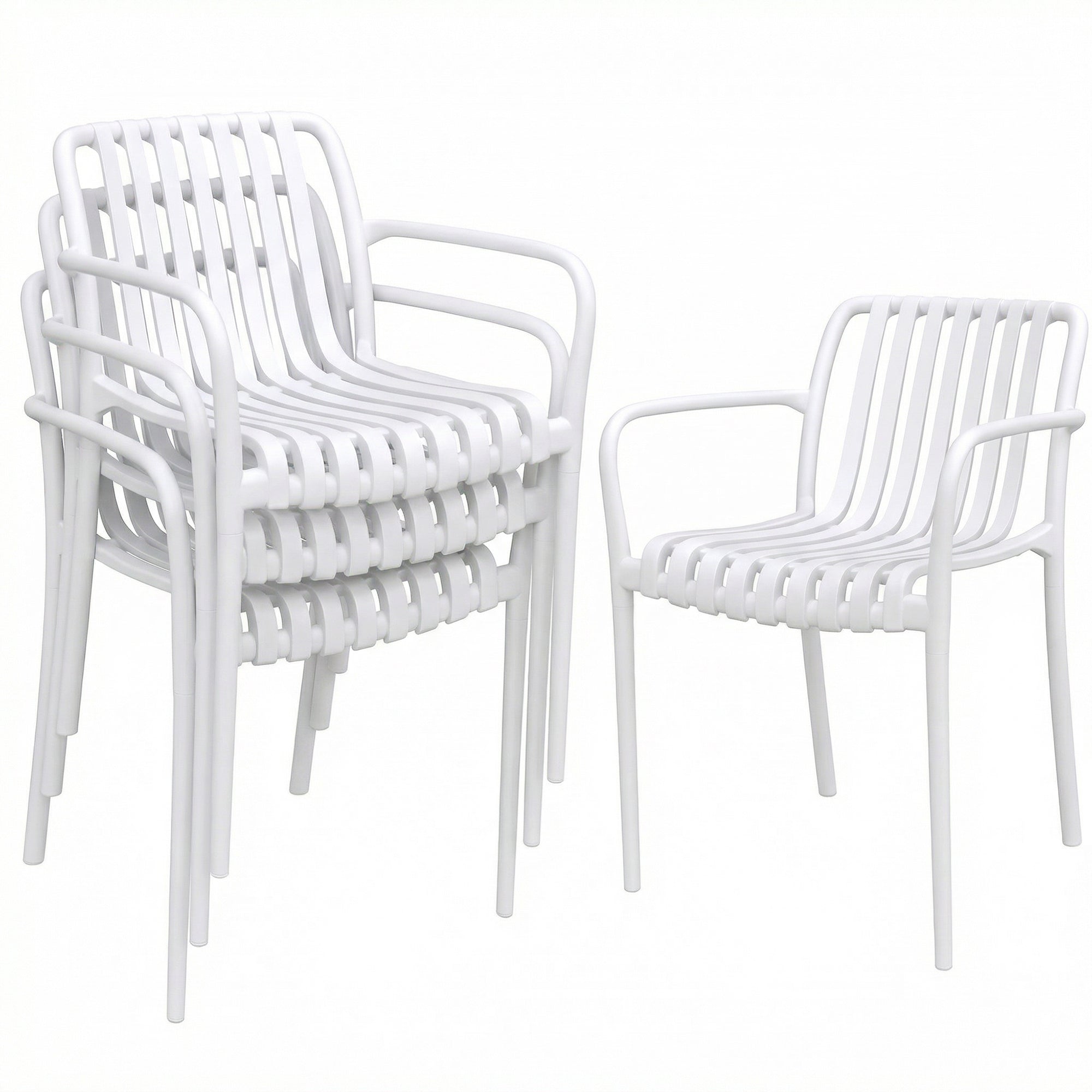 Outsunny Juego de 4 Sillas de Jardín Exterior Apilables, Sillas Terraza Exterior de PP con Respaldo Curvado, Asiento de Listones, Reposabrazos, 55x58,5x81,5 cm, Blanco