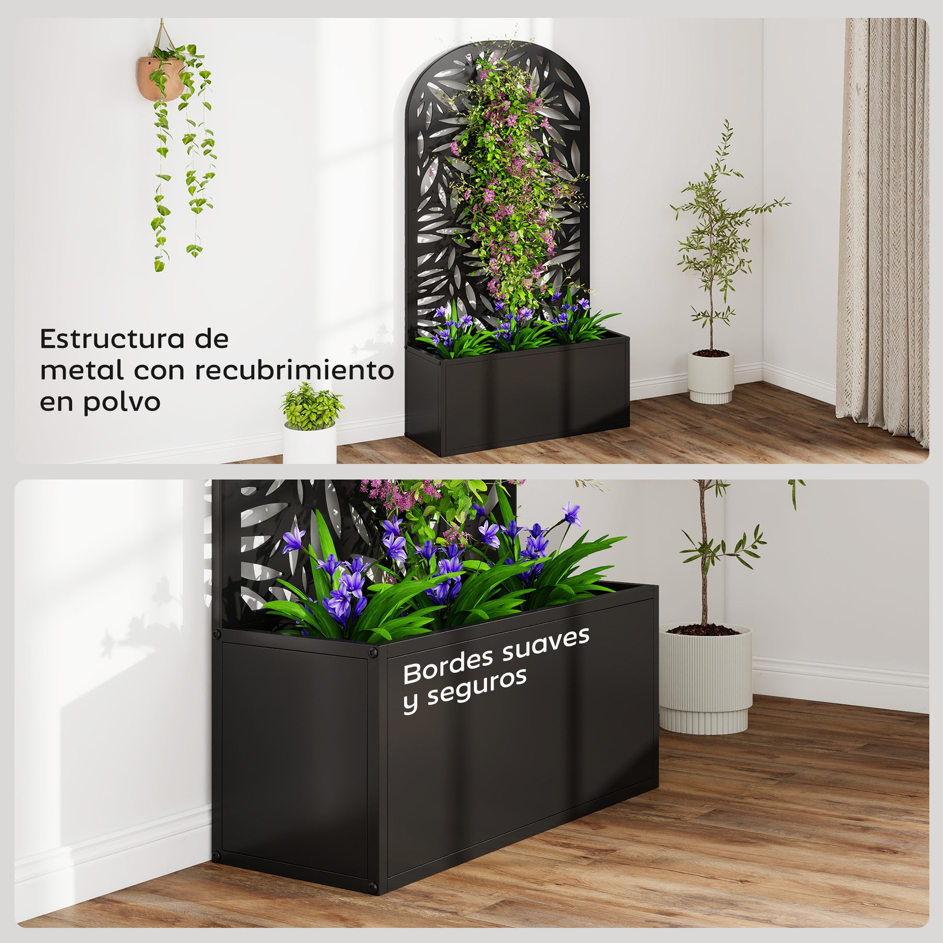 Outsunny Jardinera Exterior Grande de Metal, Jardinera con Pantalla de Privacidad Curva de Hojas Decorativas, Macetero de Pared o Independiente para Plantas Trepadoras, Patio, 61x23x113 cm, Negro