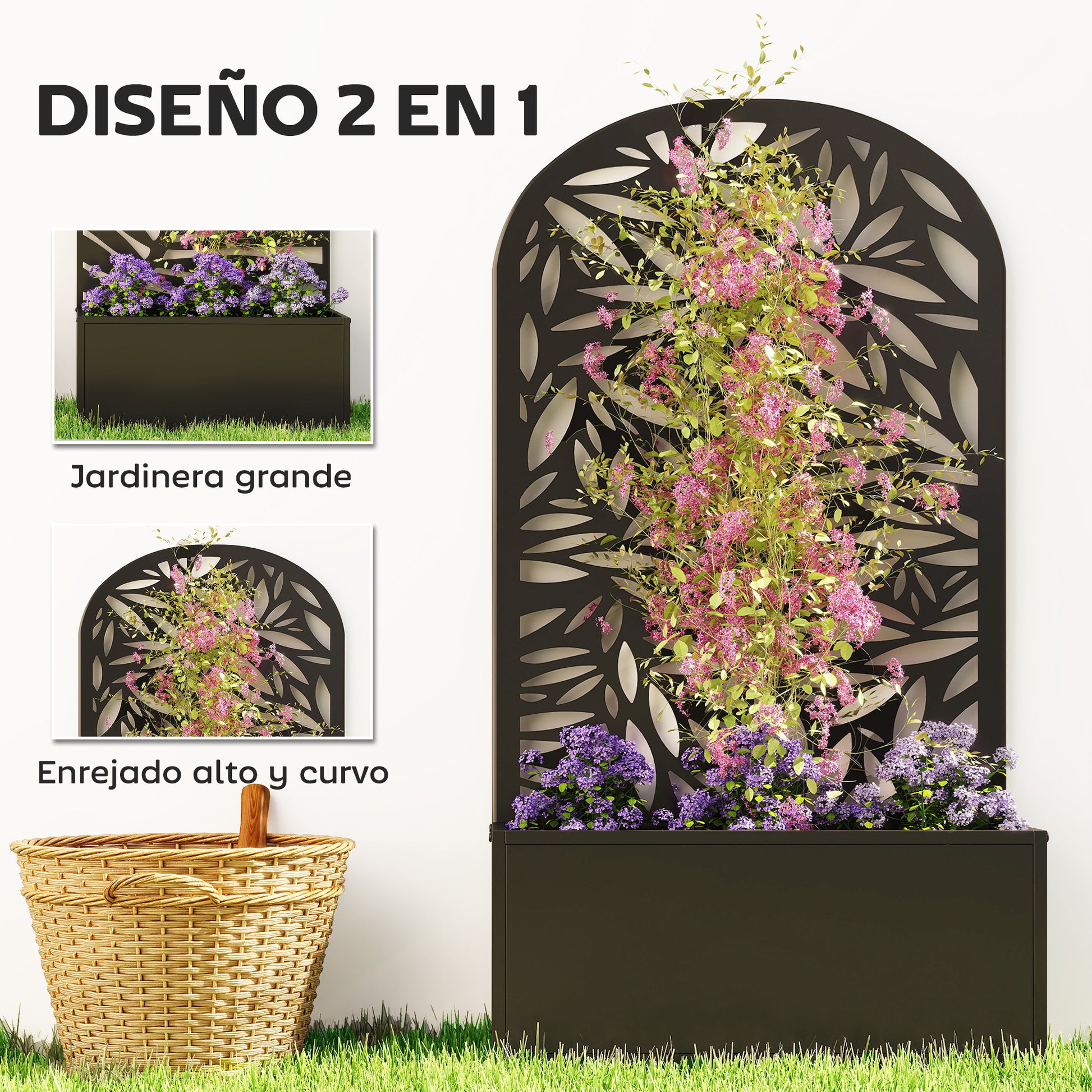 Outsunny Jardinera Exterior Grande de Metal, Jardinera con Pantalla de Privacidad Curva de Hojas Decorativas, Macetero de Pared o Independiente para Plantas Trepadoras, Patio, 61x23x113 cm, Negro
