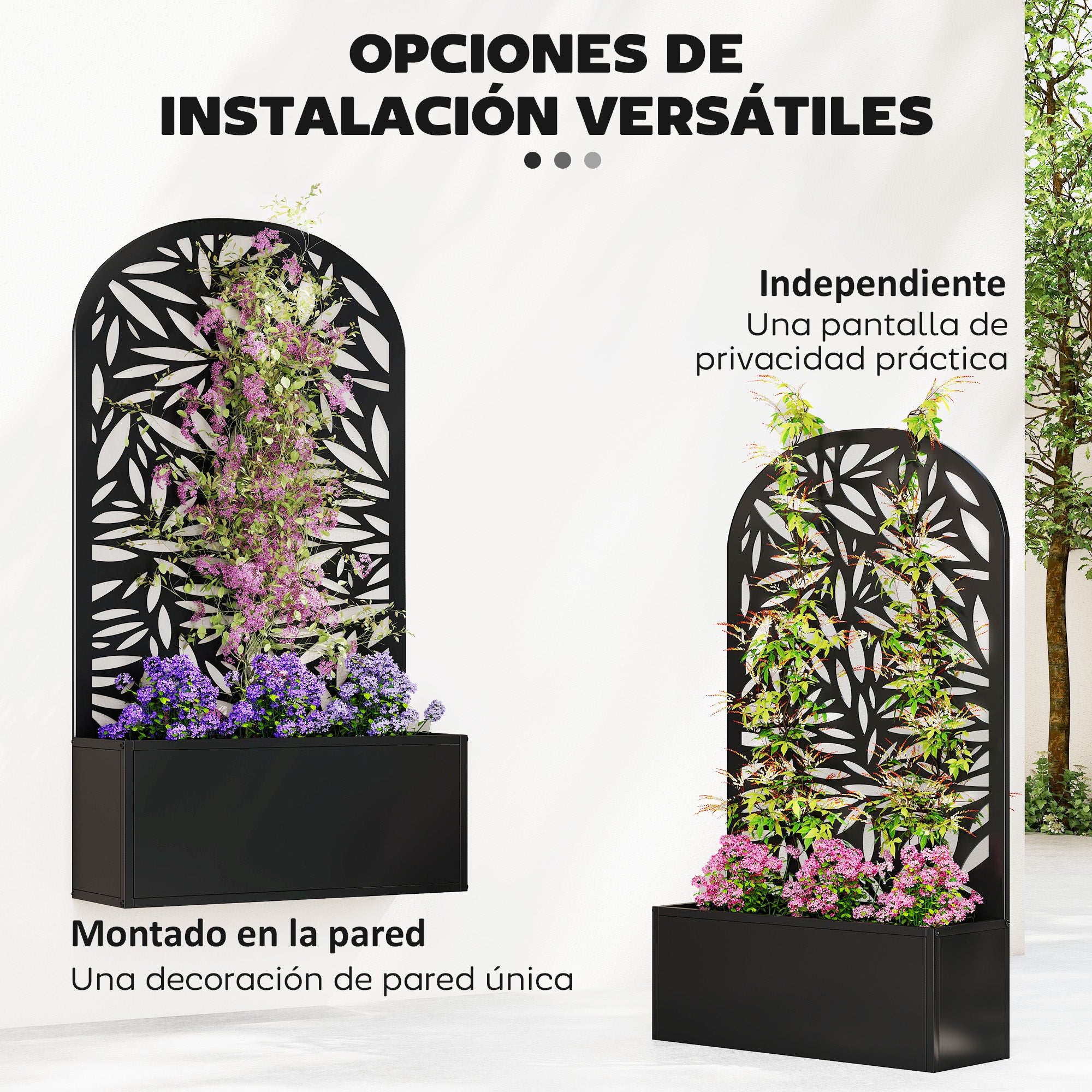 Outsunny Jardinera Exterior Grande de Metal, Jardinera con Pantalla de Privacidad Curva de Hojas Decorativas, Macetero de Pared o Independiente para Plantas Trepadoras, Patio, 61x23x113 cm, Negro