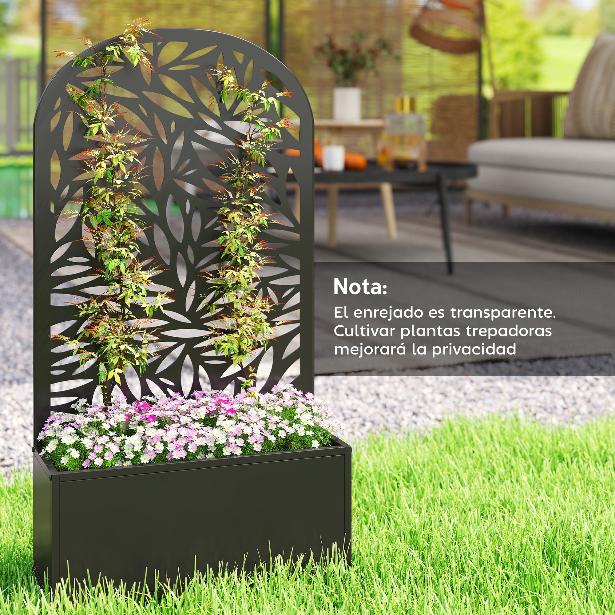 Outsunny Jardinera Exterior Grande de Metal, Jardinera con Pantalla de Privacidad Curva de Hojas Decorativas, Macetero de Pared o Independiente para Plantas Trepadoras, Patio, 61x23x113 cm, Negro