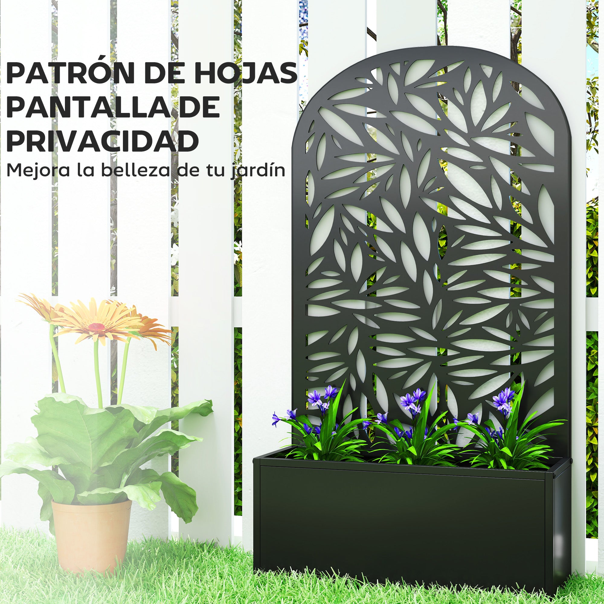 Outsunny Jardinera Exterior Grande de Metal, Jardinera con Pantalla de Privacidad Curva de Hojas Decorativas, Macetero de Pared o Independiente para Plantas Trepadoras, Patio, 61x23x113 cm, Negro