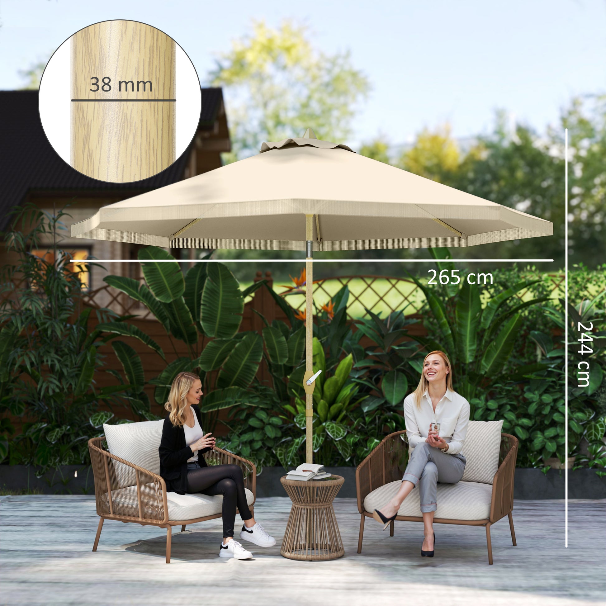 Outsunny Sombrilla Terraza Exterior, Ø265x244 cm, Sombrilla de Jardín con Ángulo Ajustable, Manivela, Flecos de Estilo Boho, Impermeable, Parasol para Patio, Terraza, Crema