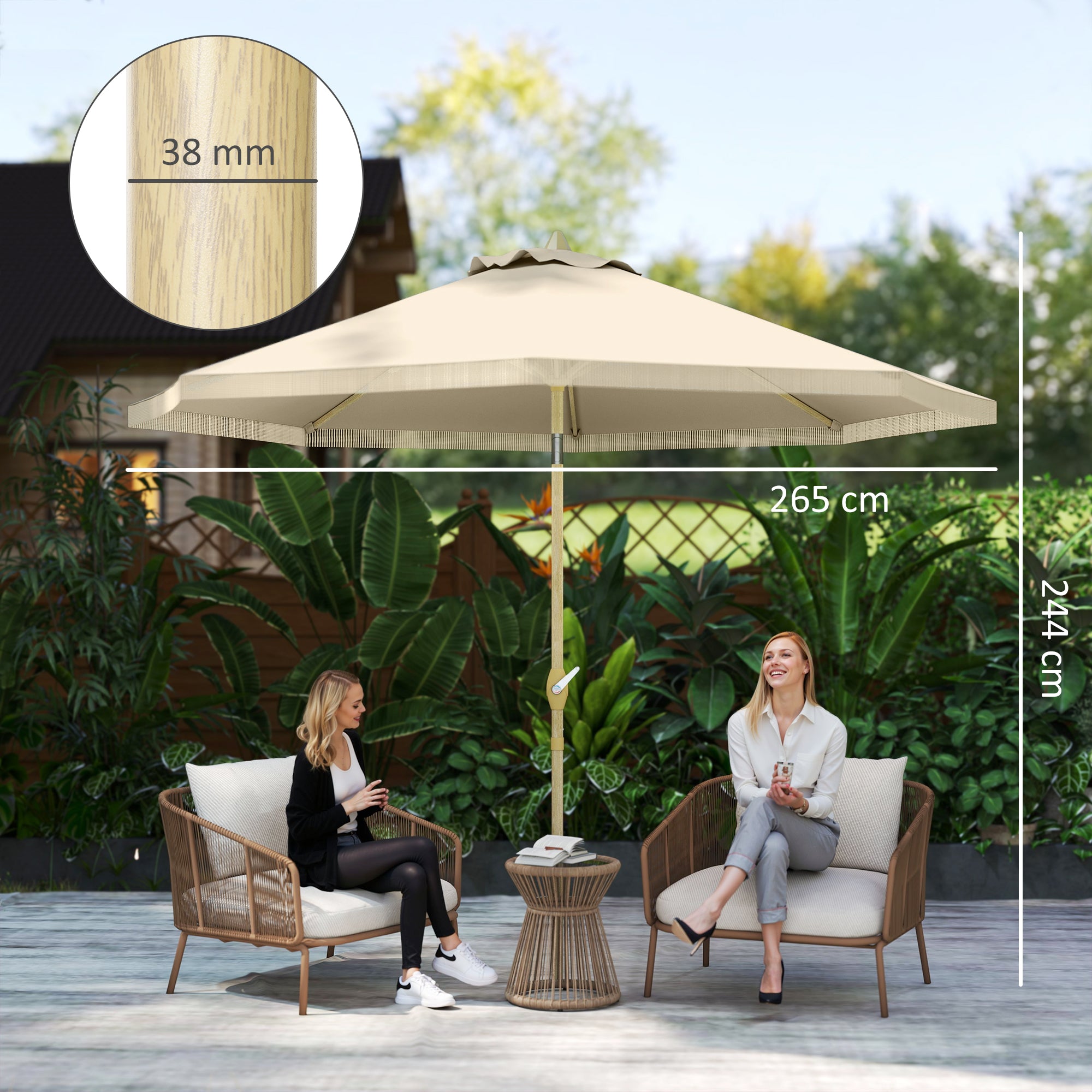 Outsunny Sombrilla Terraza Exterior, Ø265x244 cm, Sombrilla de Jardín con Ángulo Ajustable, Manivela, Flecos de Estilo Boho, Impermeable, Parasol para Patio, Terraza, Crema