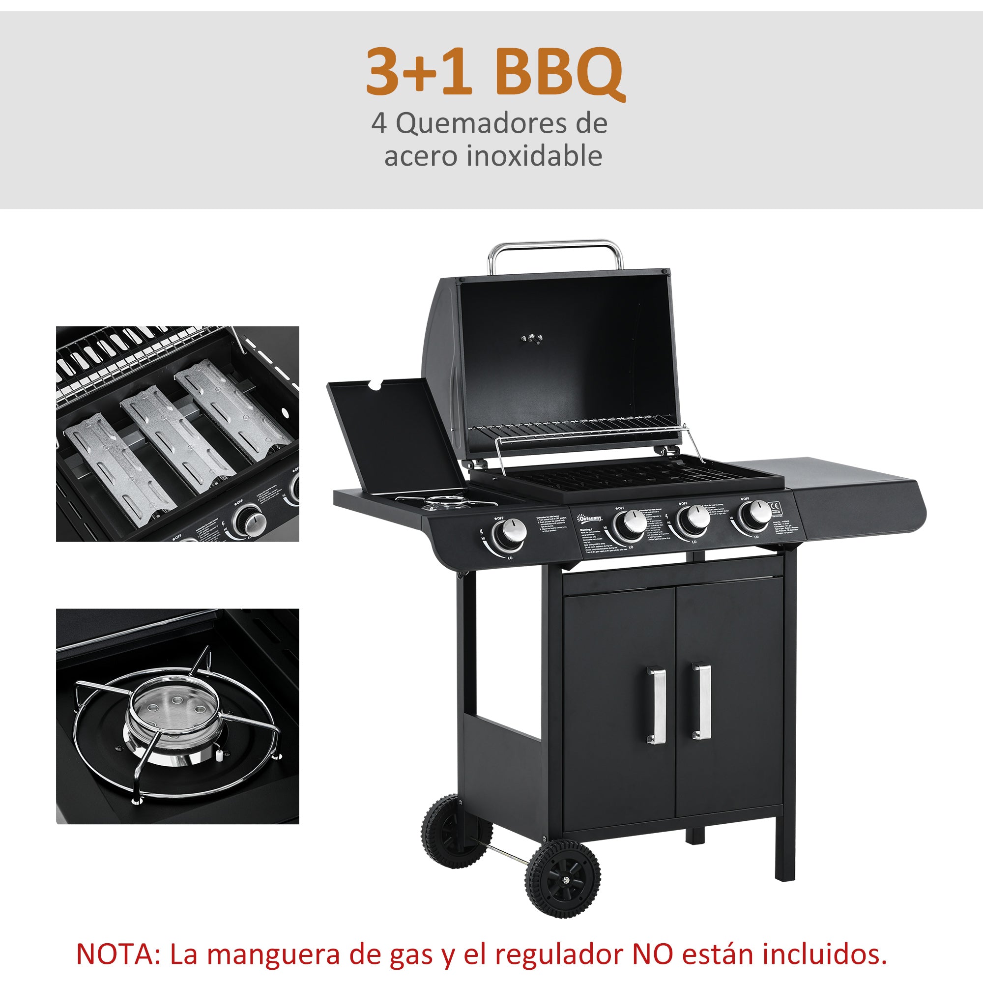 Outsunny Barbacoa de Gas BBQ con 3+1 Quemadores 11,6 KW 2 Mesas Laterales Armario de 2 Puertas Termómetro y 2 Ruedas Acero Inoxidable 110x50x100 cm Negro