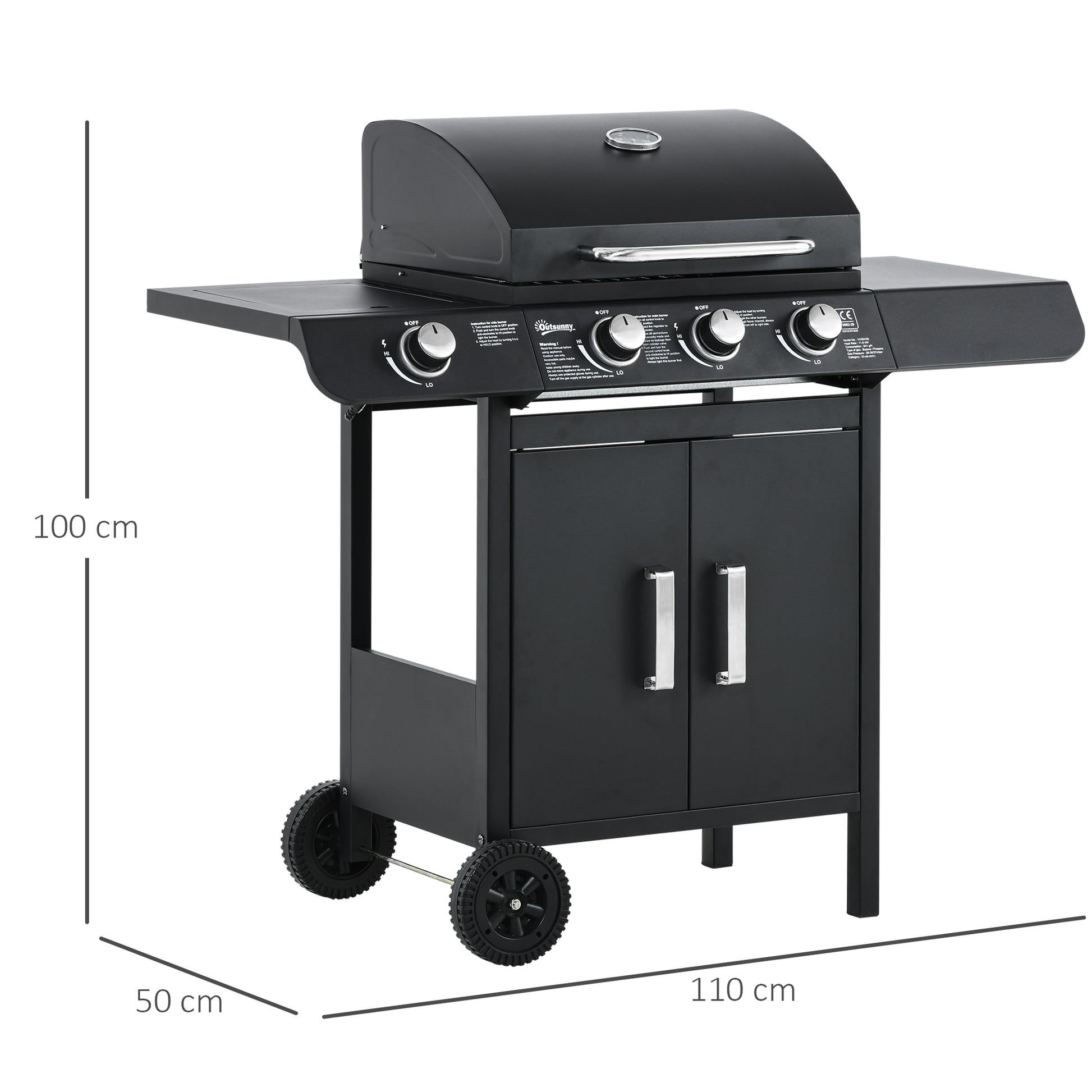 Outsunny Barbacoa de Gas BBQ con 3+1 Quemadores 11,6 KW 2 Mesas Laterales Armario de 2 Puertas Termómetro y 2 Ruedas Acero Inoxidable 110x50x100 cm Negro