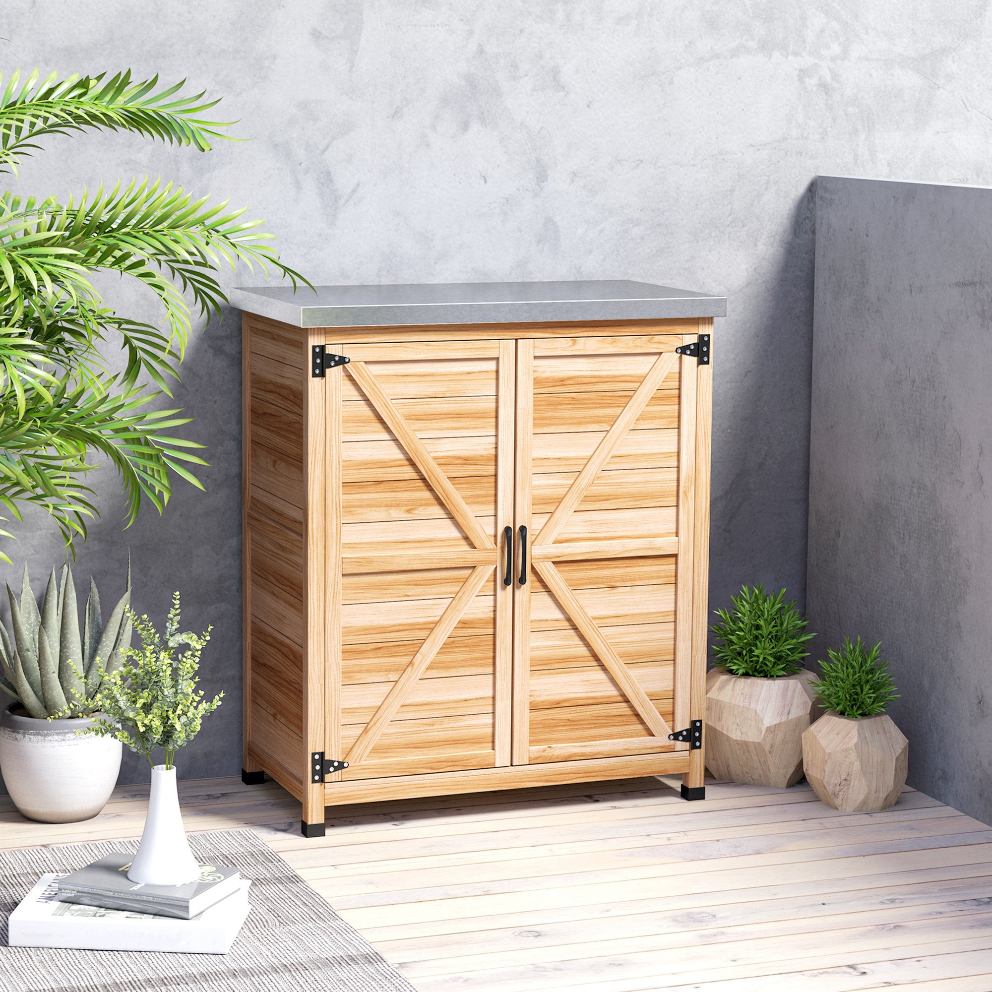 Outsunny Armario de Exterior de Madera, Caseta de Jardín Exterior con Techo de Acero Galvanizado, Estante, 2 Puertas, Cobertizo de Jardín para Almacenamiento de Herramientas, 79x43x92 cm, Natural