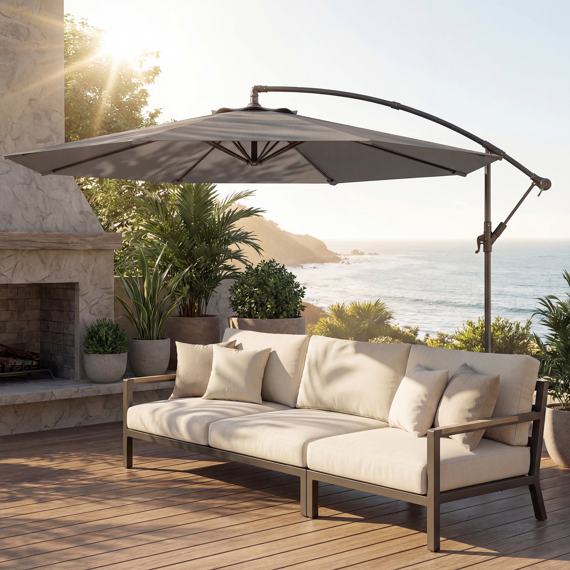 Outsunny Parasol Excéntrico, Ø300 cm, Sombrilla de Jardín con Base Cruzada, Toldo Ajustable, Manivela, 8 Barras, UPF30+, para Terraza, Patio, Exterior, Gris
