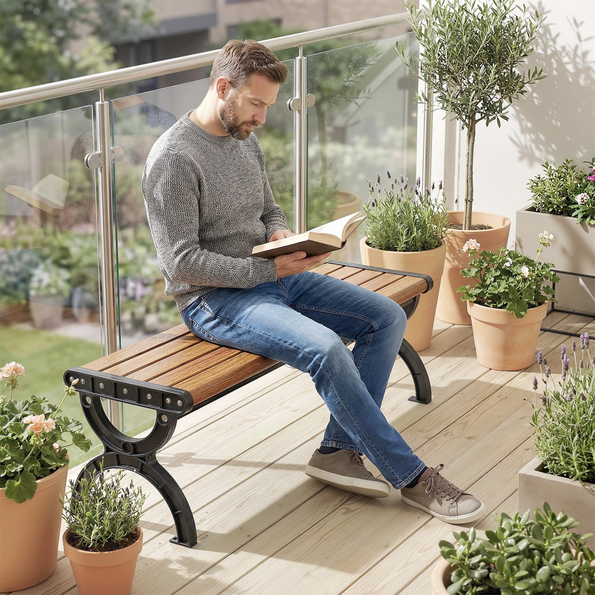 Outsunny Banco de Jardín Exterior de 2 Plazas, Banco Exterior con Estructura Metálica y Asiento Listonado, para Patio, Terraza, 124x39x39 cm, Marrón