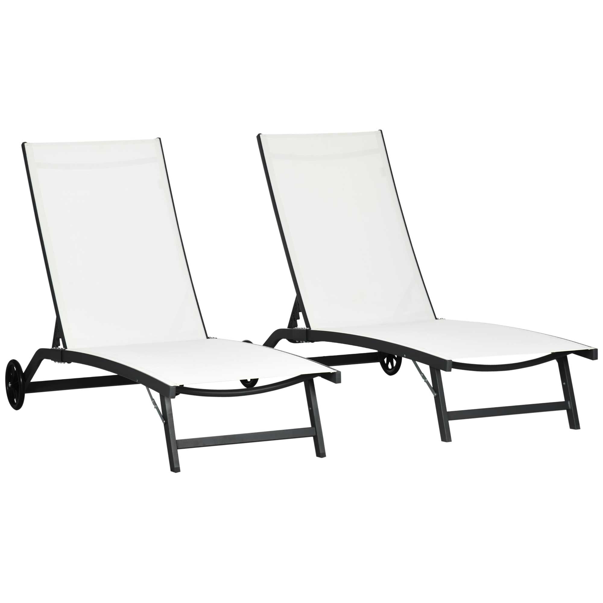 Outsunny Pack de 2 Tumbonas de Jardín Exterior Tumbonas Reclinables de Aluminio con Respaldo Ajustable de 5 Niveles y Ruedas para Playa Piscina 165x66x102 cm Crema