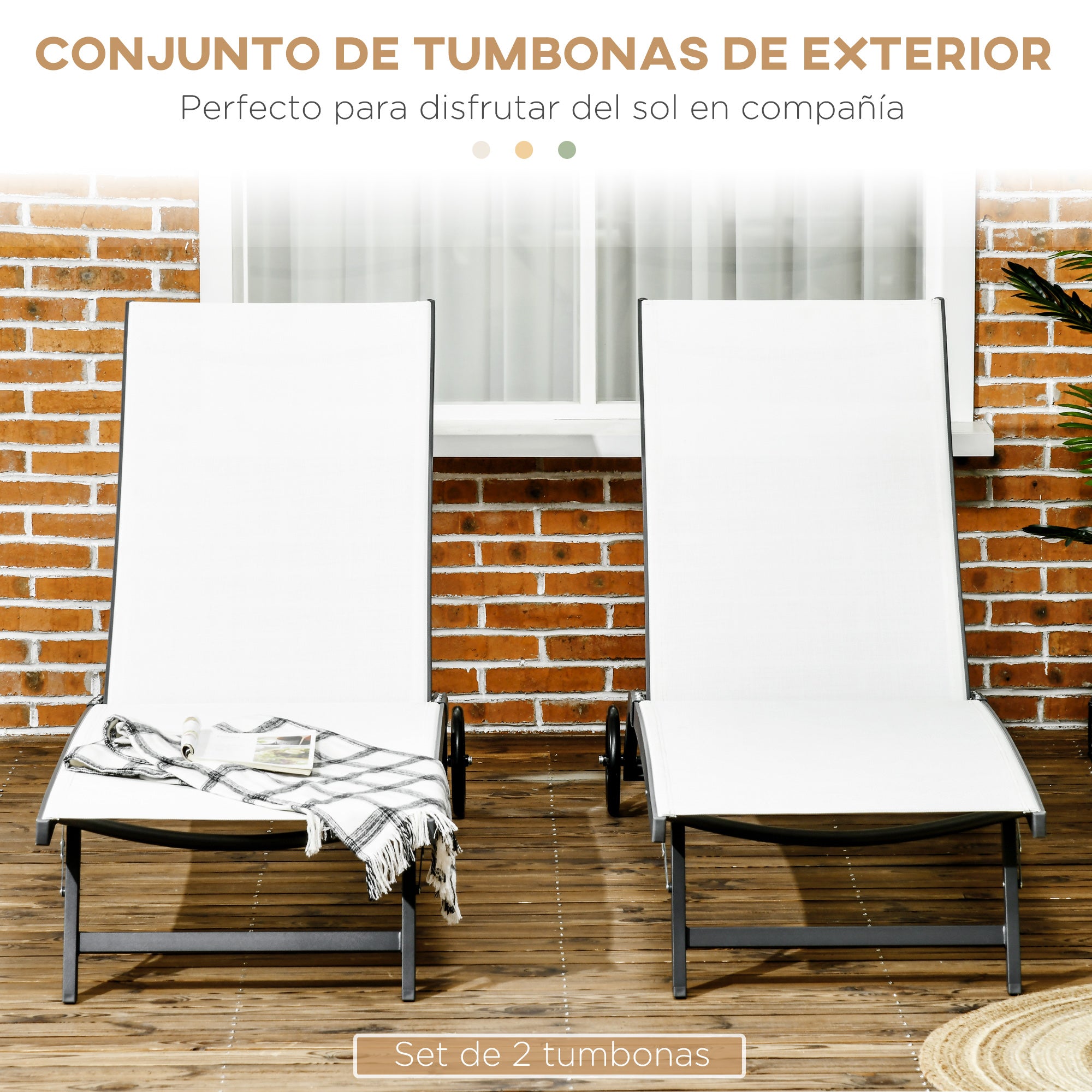 Outsunny Pack de 2 Tumbonas de Jardín Exterior Tumbonas Reclinables de Aluminio con Respaldo Ajustable de 5 Niveles y Ruedas para Playa Piscina 165x66x102 cm Crema