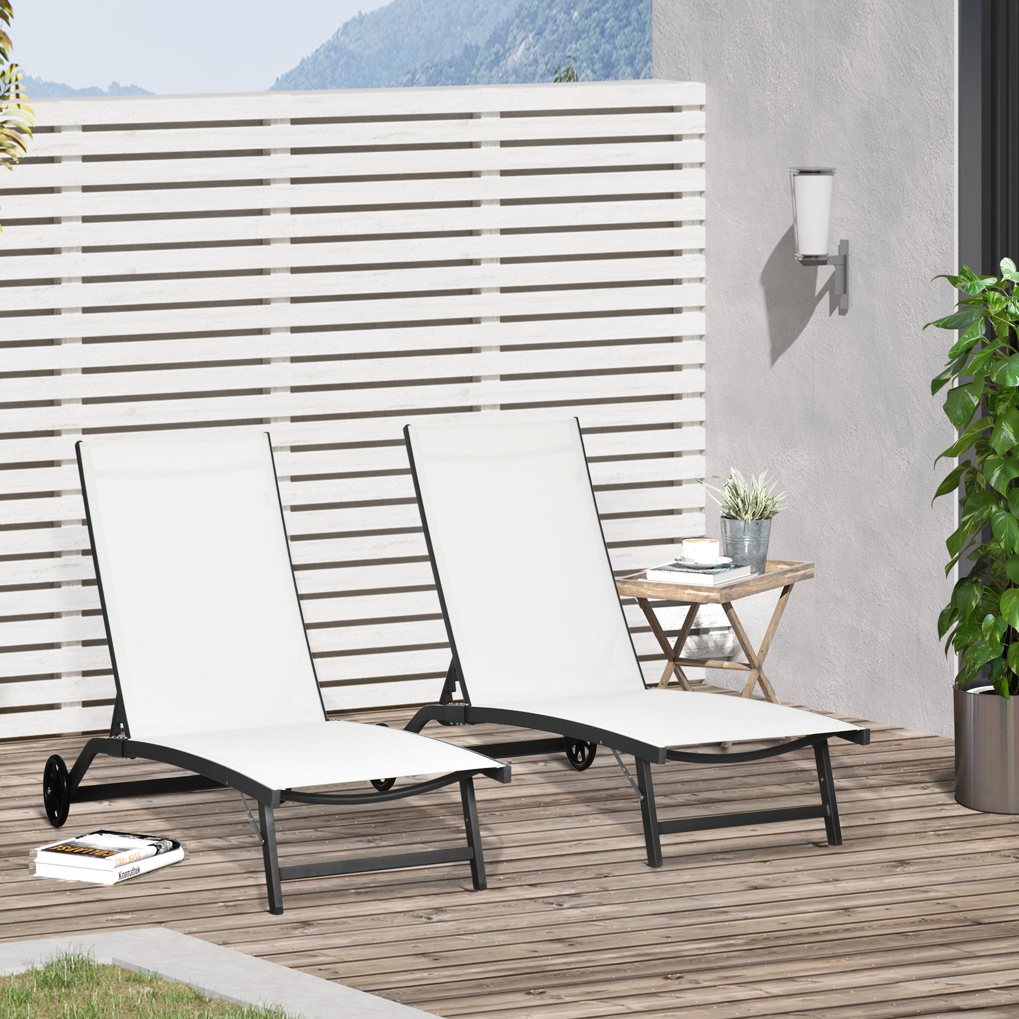 Outsunny Pack de 2 Tumbonas de Jardín Exterior Tumbonas Reclinables de Aluminio con Respaldo Ajustable de 5 Niveles y Ruedas para Playa Piscina 165x66x102 cm Crema