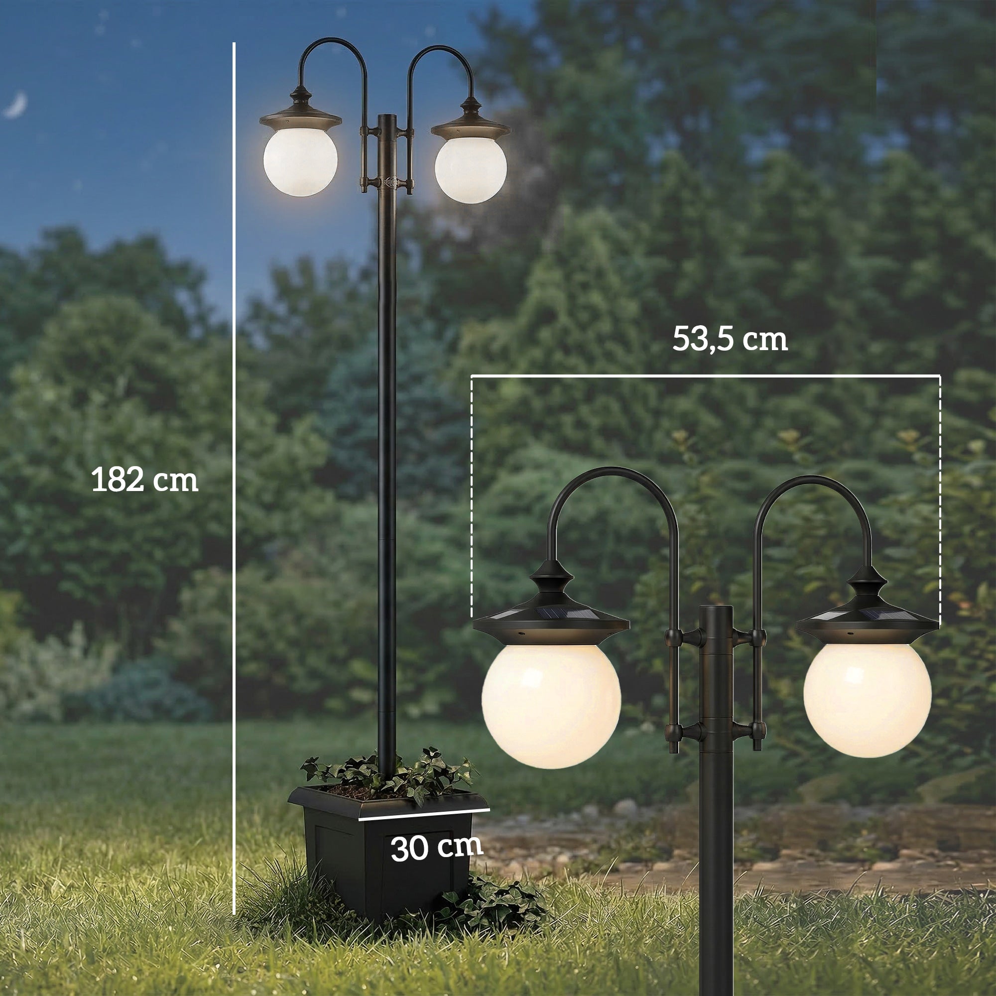Outsunny Farola Solar Exterior de Jardín con Macetero 2 Cabezales Impermeable IP44 Encendido/Apagado Automático y Altura Ajustable Luz Solar de Exterior LED para Terraza Patio 53,5x30x182 cm Negro