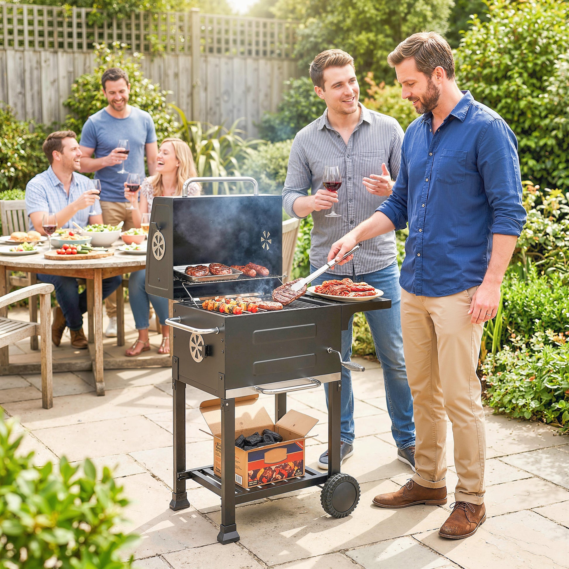 Outsunny Barbacoa de Carbón Portátil, Barbacoa de Carbón con Termómetro, Ventilación Ajustable, Parrilla de Acero Inoxidable, Estante Lateral, Tapa, Bandeja Cenizas, Ruedas, Estante Inferior, Negro