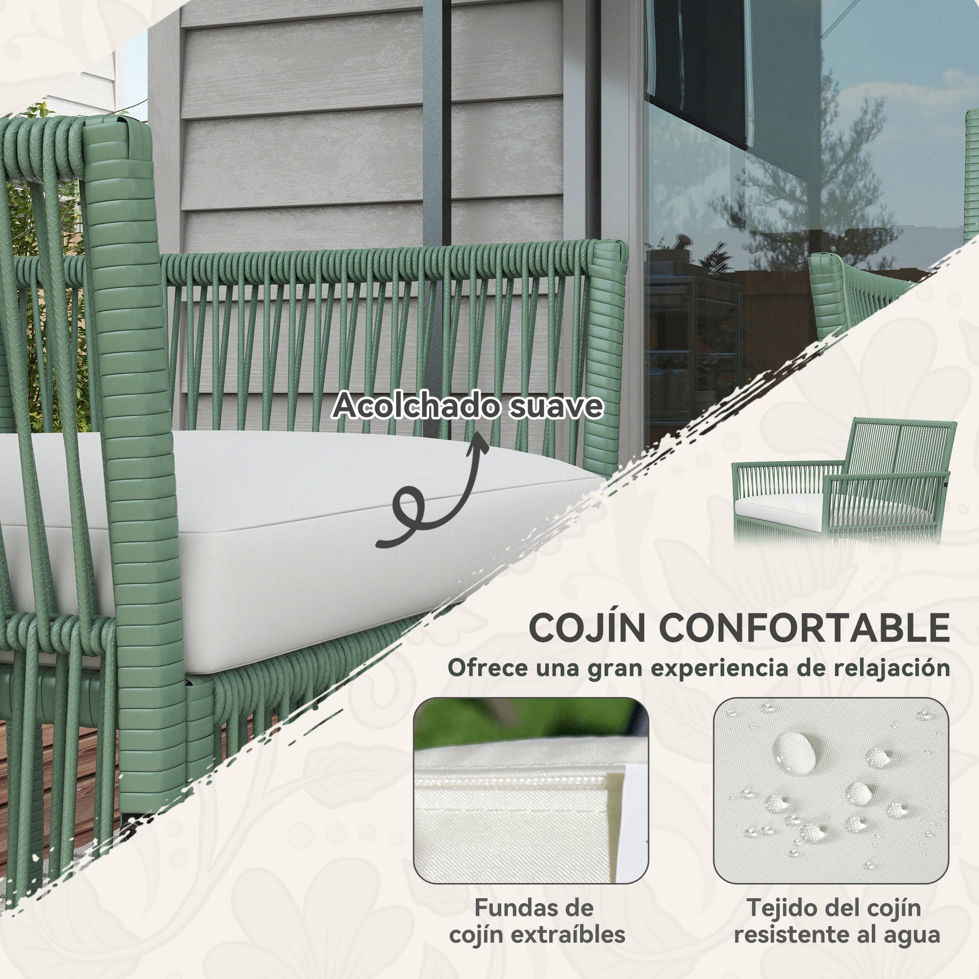 Outsunny Conjunto Jardín Exterior de Ratán, Muebles Jardín Exterior para 4 Piezas, Muebles Terraza con 1 Sofá de 2 Plazas, 2 Sillones, Cojines y 1 Mesa de Tablero de Vidrio, para Patio, Verde Oscuro