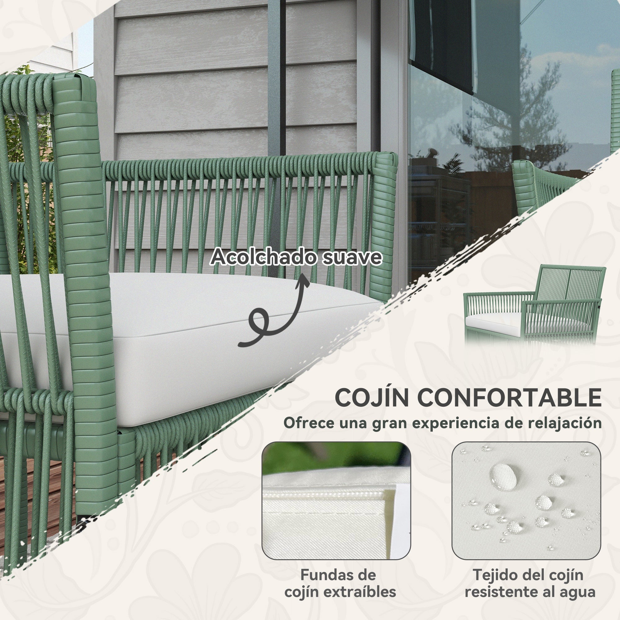 Outsunny Conjunto Jardín Exterior de Ratán, Muebles Jardín Exterior para 4 Piezas, Muebles Terraza con 1 Sofá de 2 Plazas, 2 Sillones, Cojines y 1 Mesa de Tablero de Vidrio, para Patio, Verde Oscuro