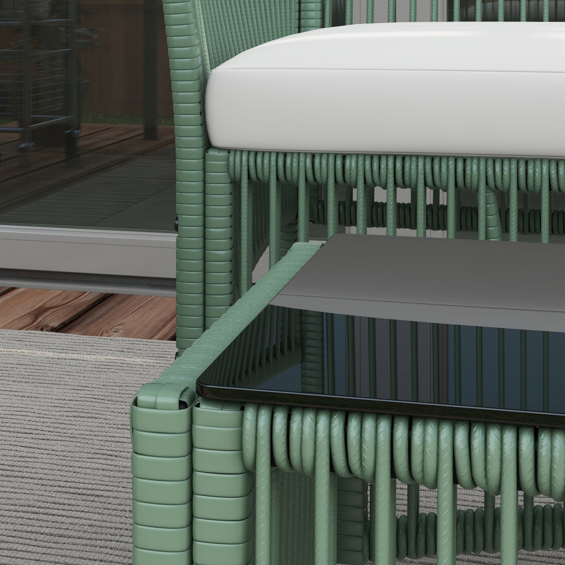 Outsunny Conjunto Jardín Exterior de Ratán, Muebles Jardín Exterior para 4 Piezas, Muebles Terraza con 1 Sofá de 2 Plazas, 2 Sillones, Cojines y 1 Mesa de Tablero de Vidrio, para Patio, Verde Oscuro