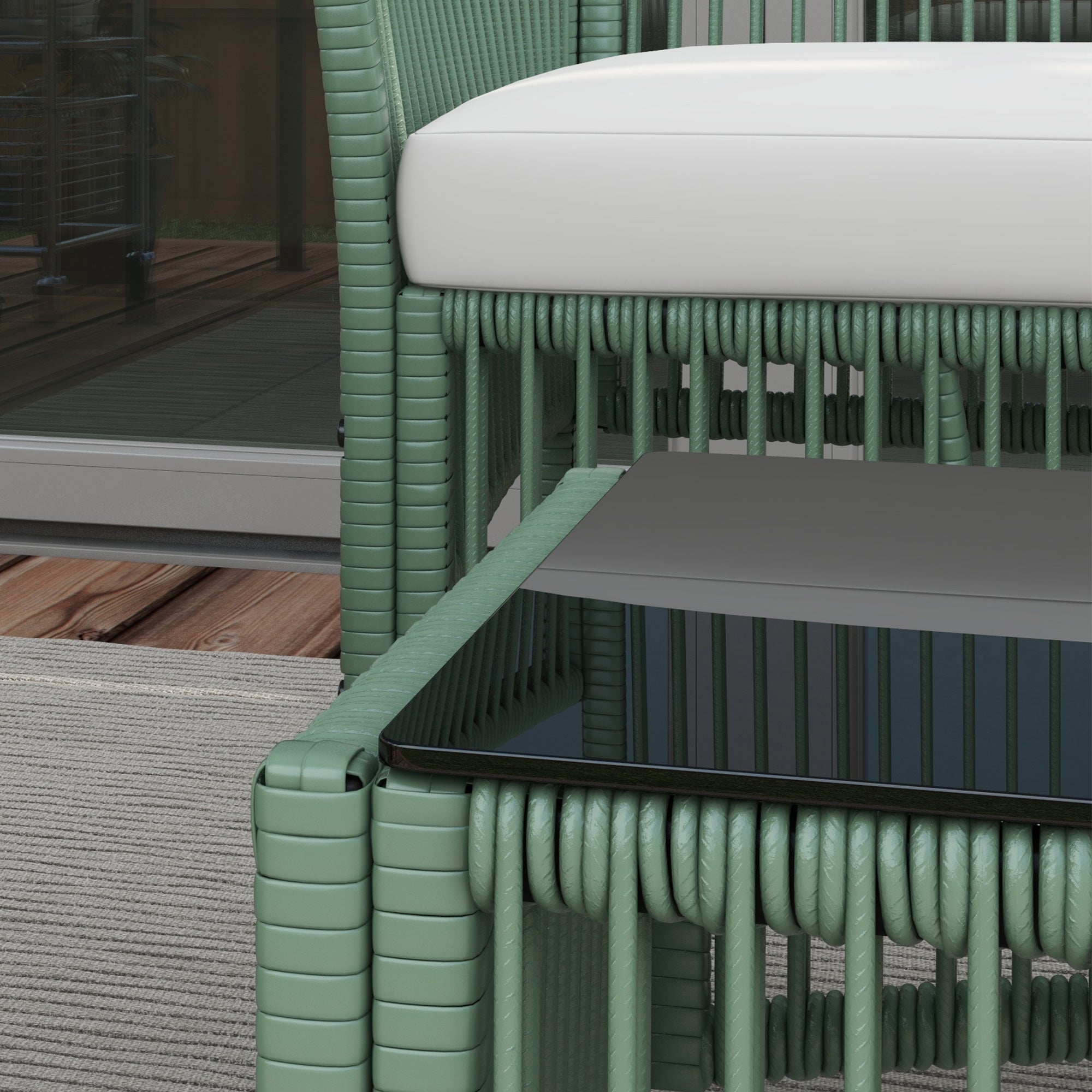 Outsunny Conjunto Jardín Exterior de Ratán, Muebles Jardín Exterior para 4 Piezas, Muebles Terraza con 1 Sofá de 2 Plazas, 2 Sillones, Cojines y 1 Mesa de Tablero de Vidrio, para Patio, Verde Oscuro