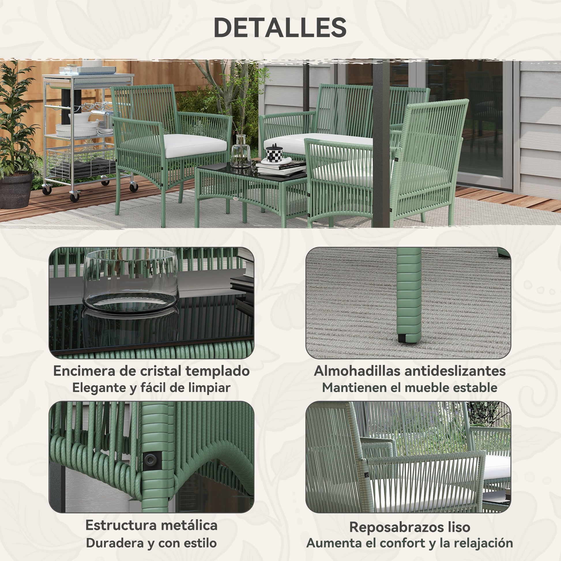 Outsunny Conjunto Jardín Exterior de Ratán, Muebles Jardín Exterior para 4 Piezas, Muebles Terraza con 1 Sofá de 2 Plazas, 2 Sillones, Cojines y 1 Mesa de Tablero de Vidrio, para Patio, Verde Oscuro