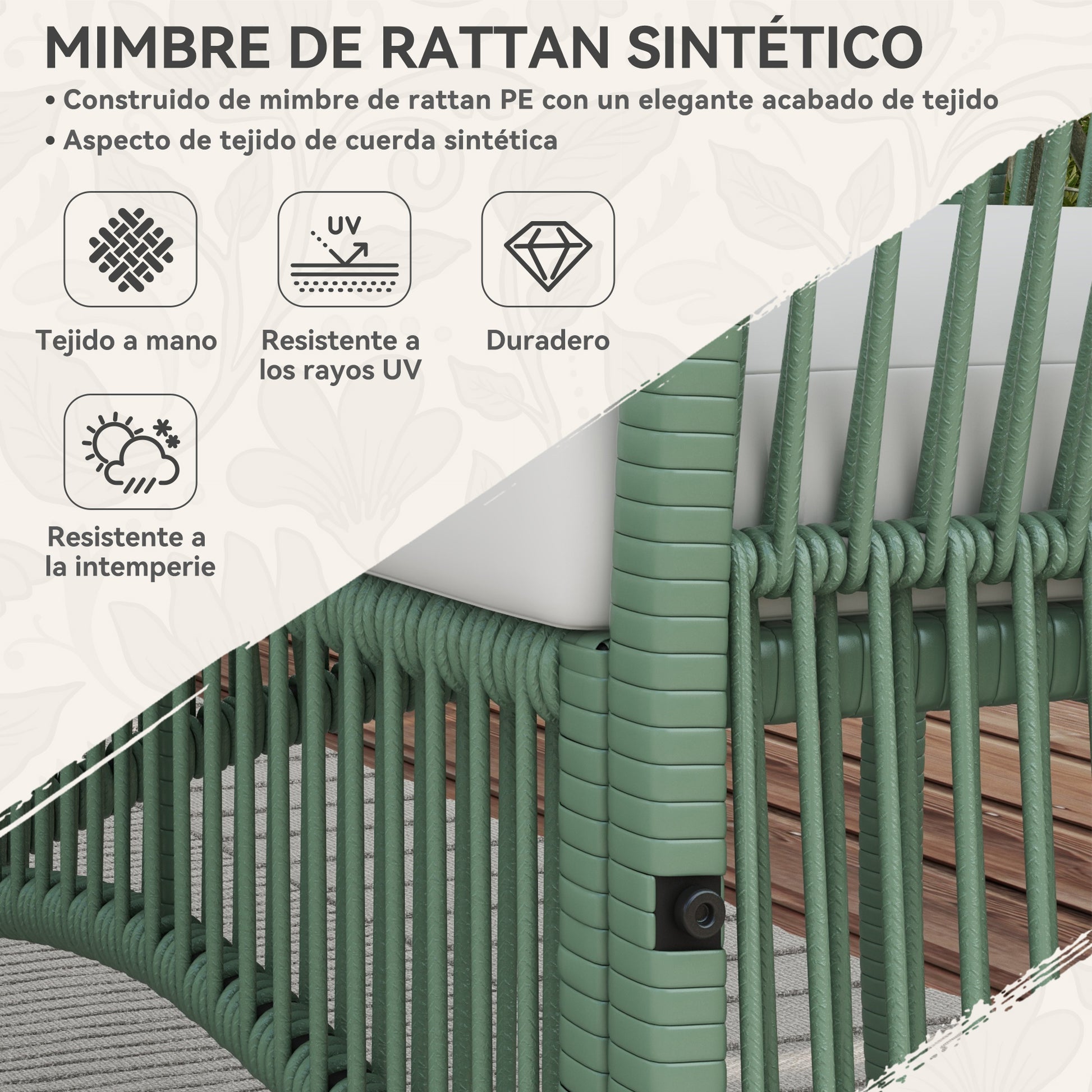 Outsunny Conjunto Jardín Exterior de Ratán, Muebles Jardín Exterior para 4 Piezas, Muebles Terraza con 1 Sofá de 2 Plazas, 2 Sillones, Cojines y 1 Mesa de Tablero de Vidrio, para Patio, Verde Oscuro