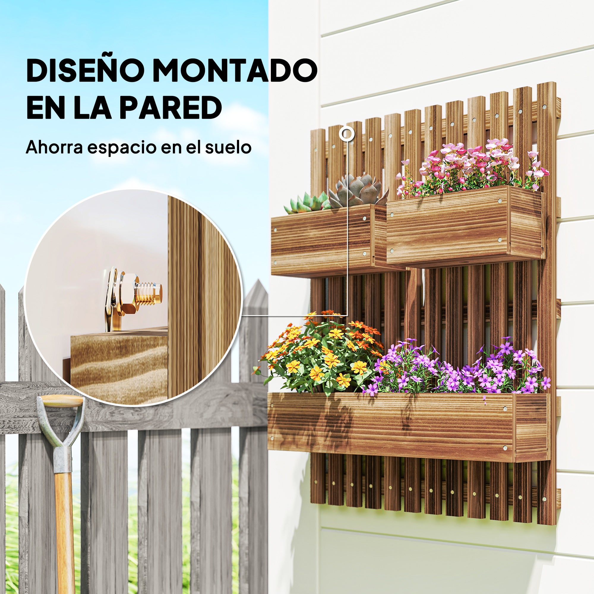 Outsunny Jardinera de Pared con Enrejado, Jardinera Exterior Grande de Madera con 3 Macetas Móviles y Orificio de Drenaje, para Exterior, Jardín, Terraza, Patio, 60x16x80 cm, Carbonizado