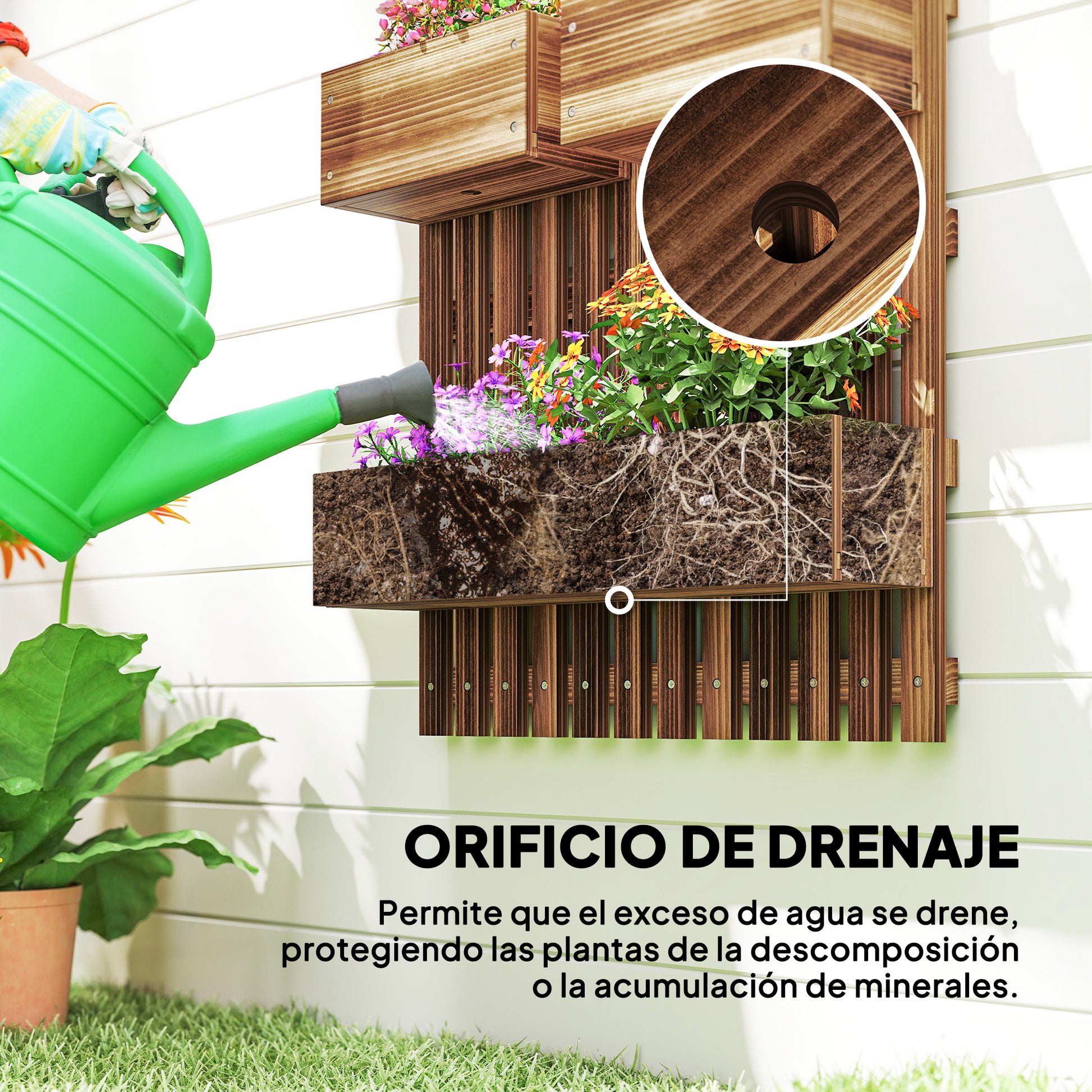 Outsunny Jardinera de Pared con Enrejado, Jardinera Exterior Grande de Madera con 3 Macetas Móviles y Orificio de Drenaje, para Exterior, Jardín, Terraza, Patio, 60x16x80 cm, Carbonizado