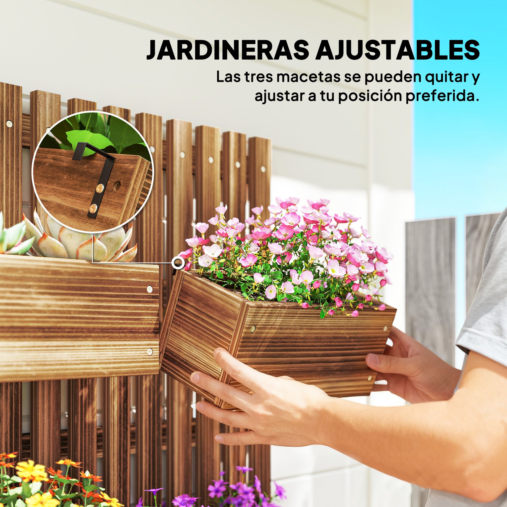 Outsunny Jardinera de Pared con Enrejado, Jardinera Exterior Grande de Madera con 3 Macetas Móviles y Orificio de Drenaje, para Exterior, Jardín, Terraza, Patio, 60x16x80 cm, Carbonizado